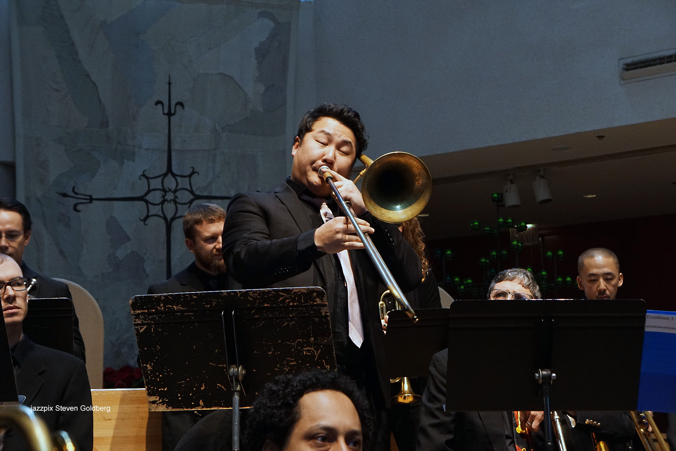  Jimmy O'Connell, trombone. David White Jazz Orchestra. Live at Midday Jazz CD Release concert at Saint Peter's Church, New York, NY. 2017. Photo by Steven Goldberg.   