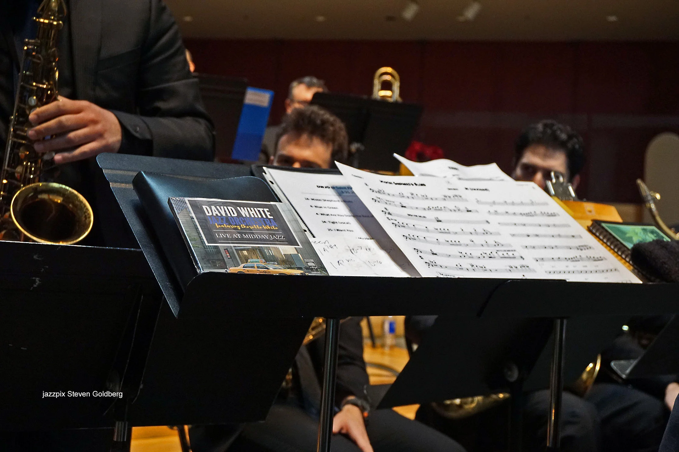  Music Director's stand. David White Jazz Orchestra. Live at Midday Jazz CD Release concert at Saint Peter's Church, New York, NY. 2017. Photo by Steven Goldberg.   