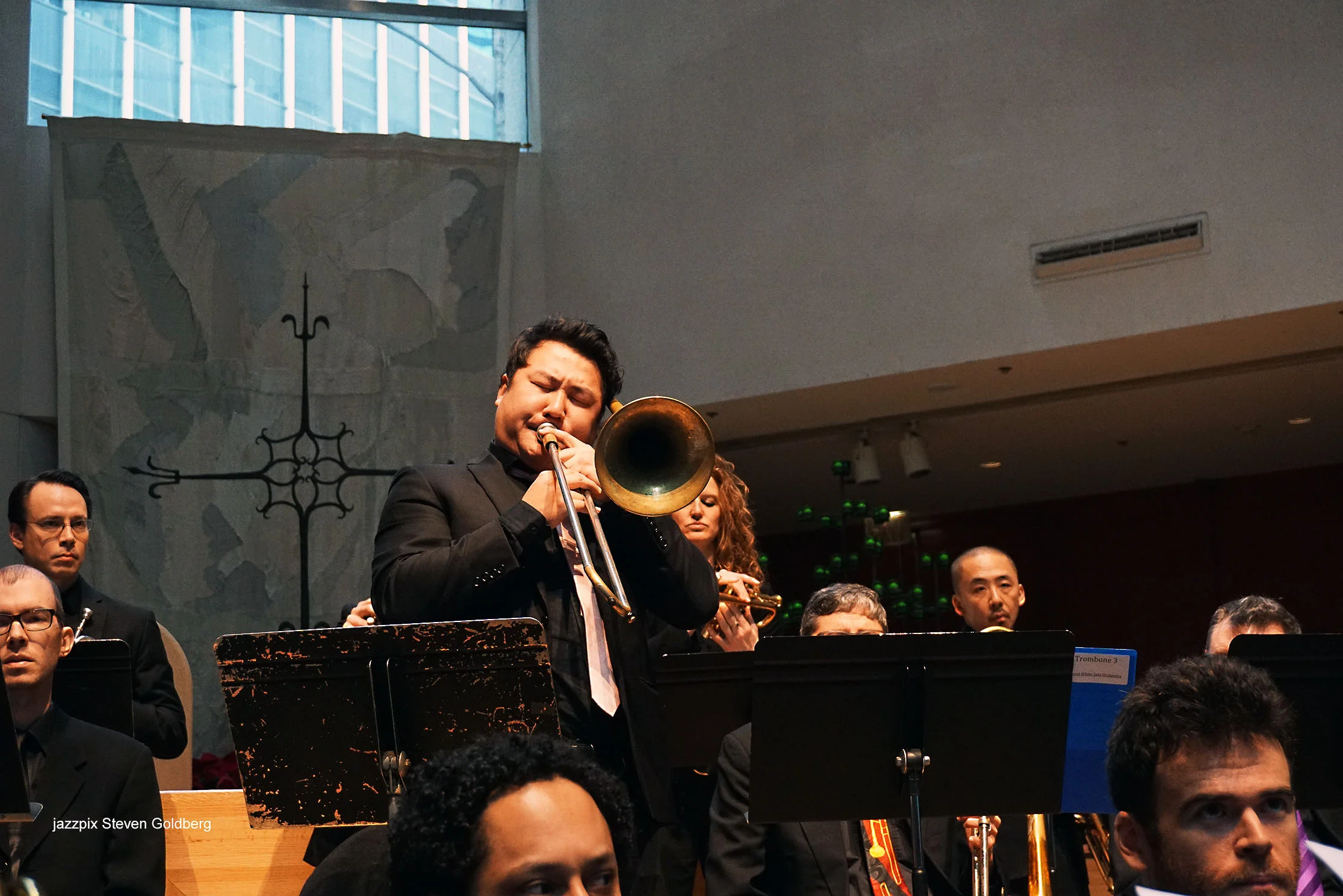  Jimmy O'Connell, trombone. David White Jazz Orchestra. Live at Midday Jazz CD Release concert at Saint Peter's Church, New York, NY. 2017. Photo by Steven Goldberg.   
