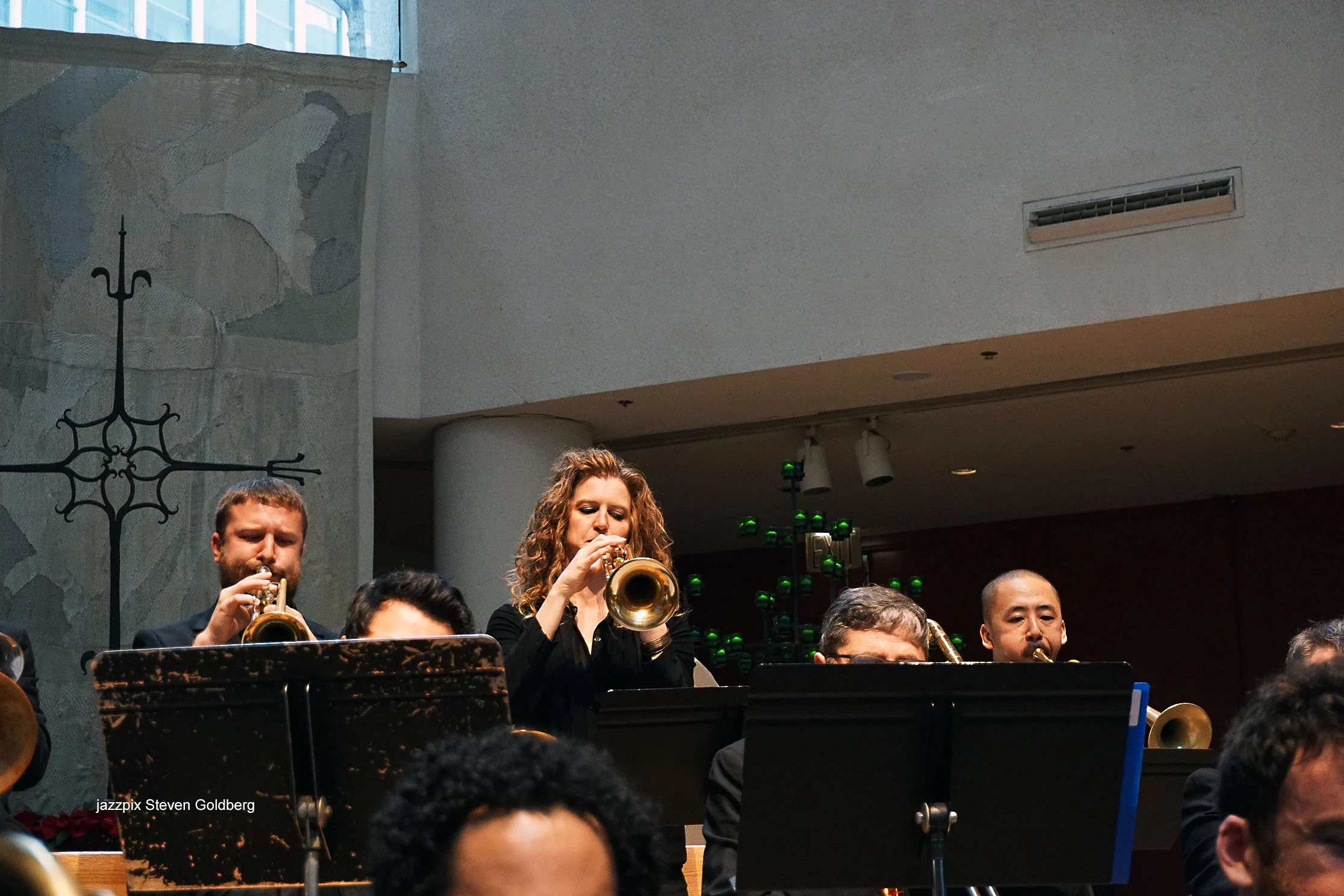  Ron Harter, trumpet, Alicia Rau, trumpet. David White Jazz Orchestra. Live at Midday Jazz CD Release concert at Saint Peter's Church, New York, NY. 2017. Photo by Steven Goldberg.   