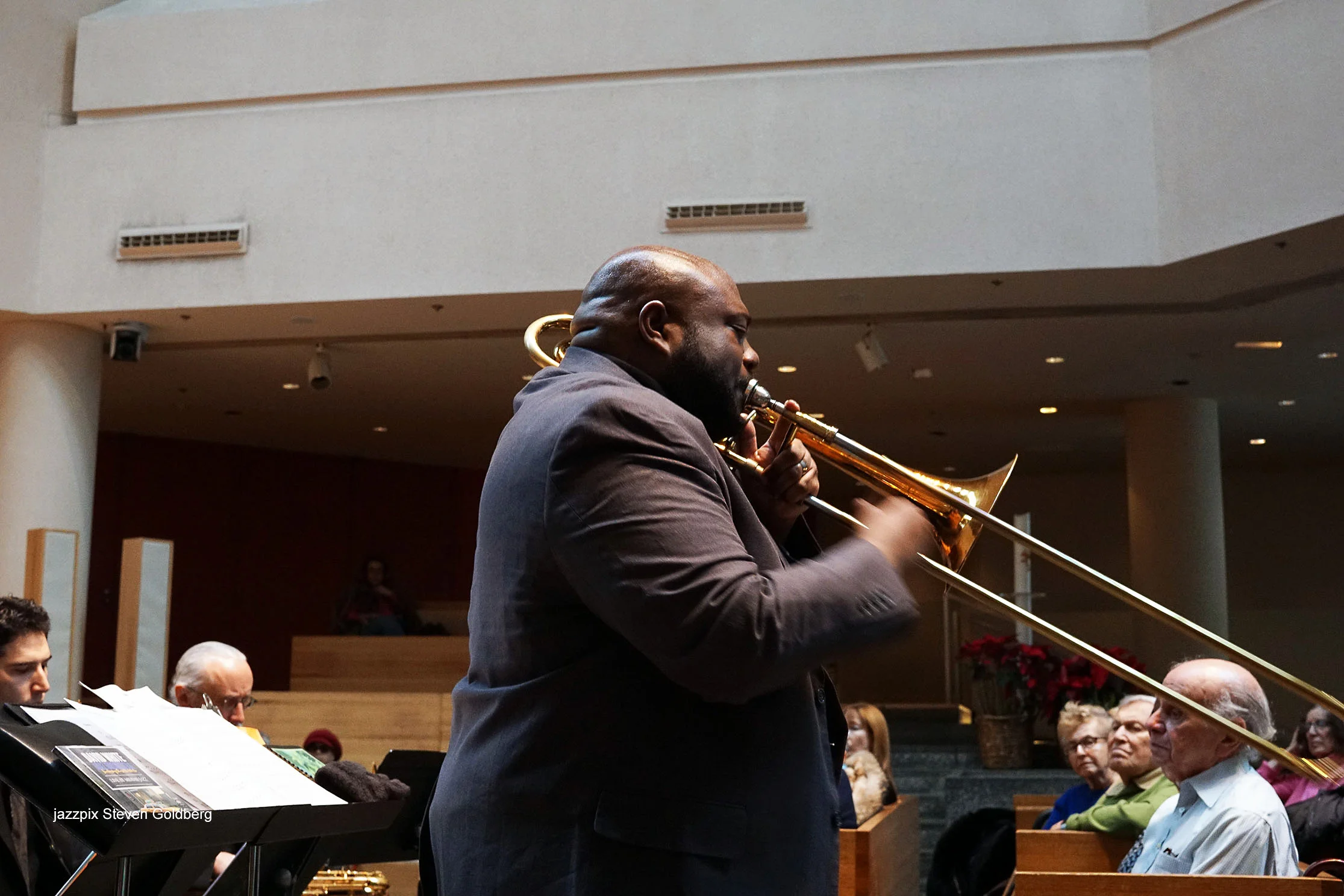  David White, trombone. David White Jazz Orchestra. Live at Midday Jazz CD Release concert at Saint Peter's Church, New York, NY. 2017. Photo by Steven Goldberg.   