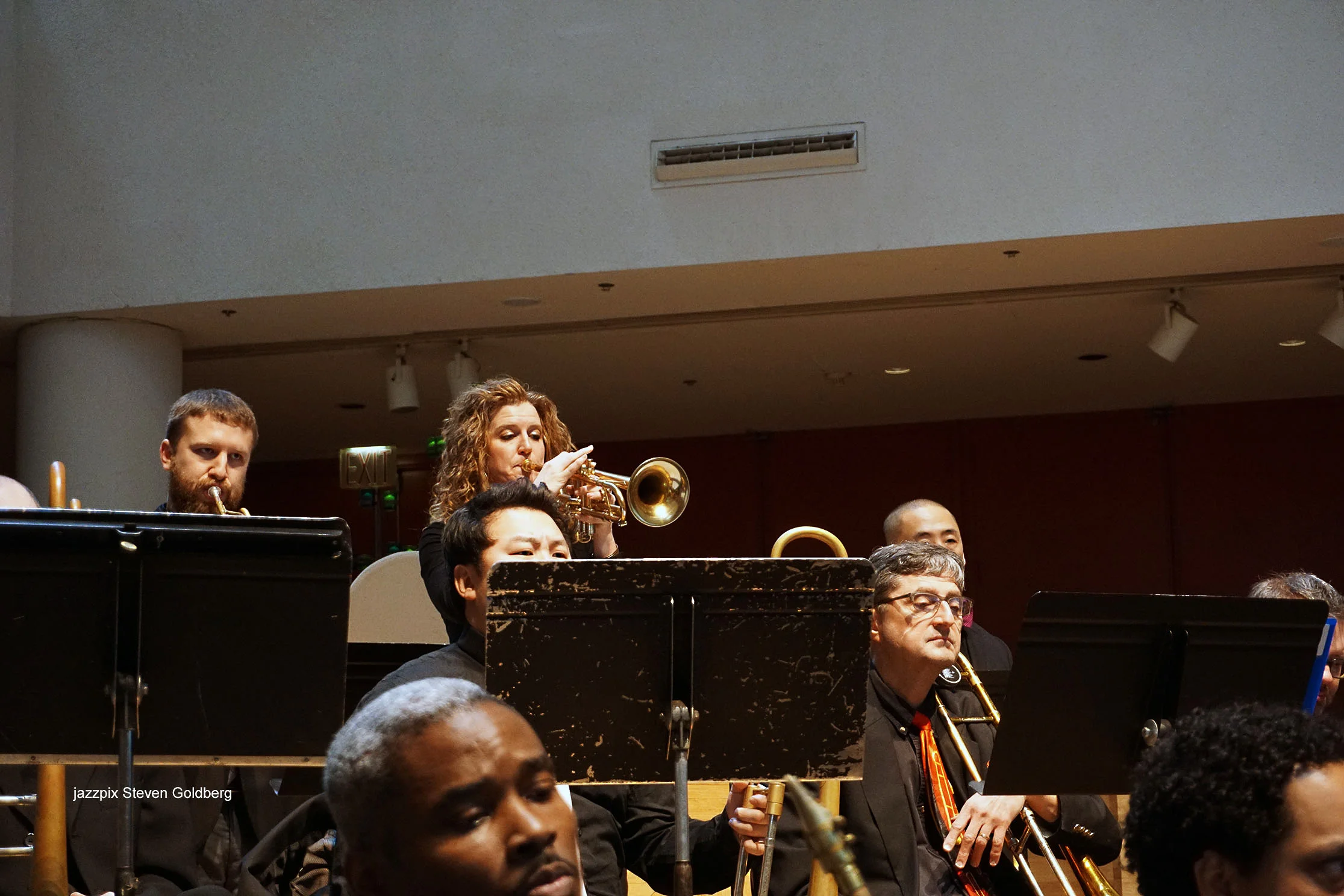  Ron Harter, trumpet, Alicia Rau, trumpet. Jimmy O'Connell, trombone, Robert Stattel, trombone, Beavin Lawrence, tenor saxophone. David White Jazz Orchestra. Live at Midday Jazz CD Release concert at Saint Peter's Church, New York, NY. 2017. Photo by
