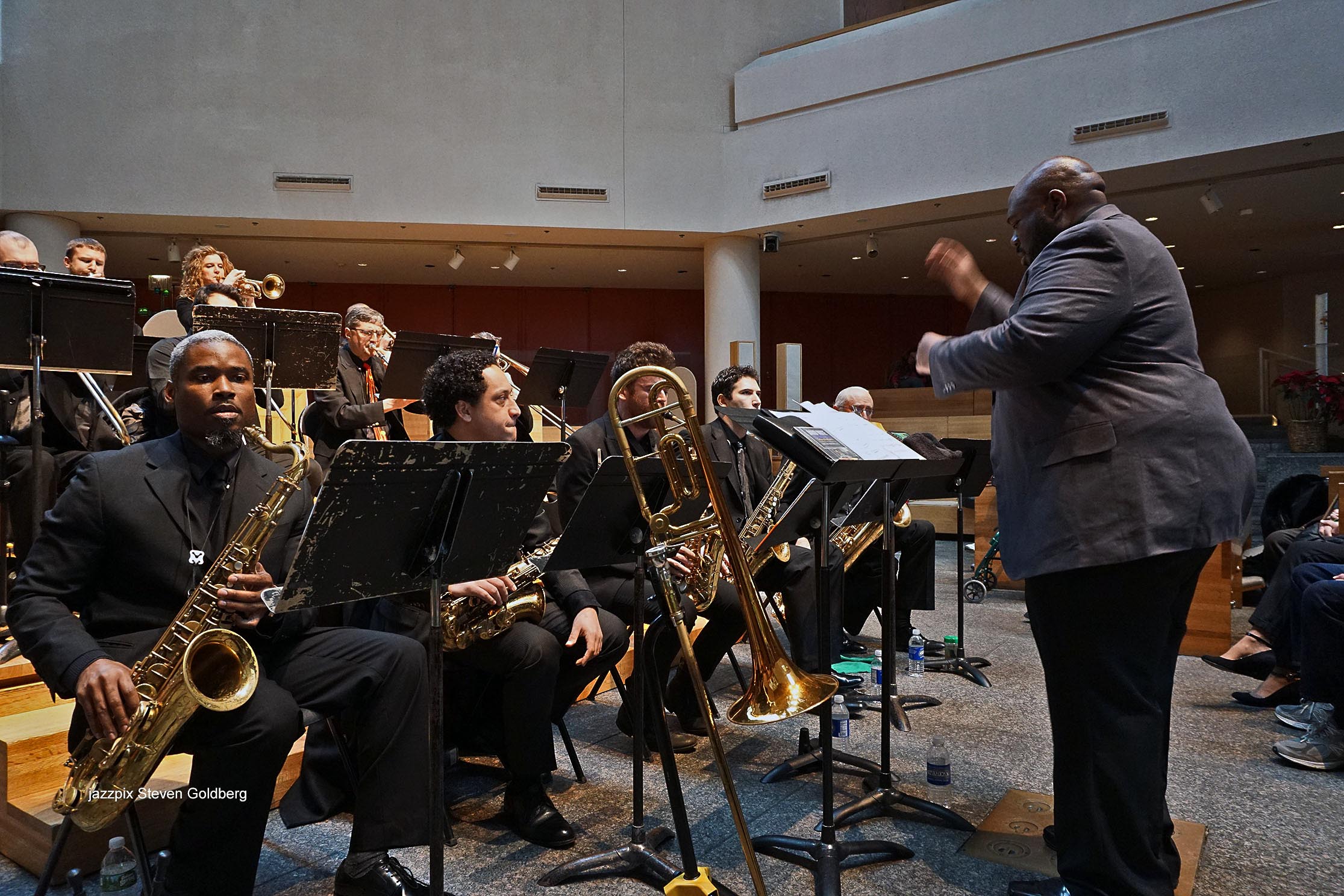  Colin Brigstocke, trumpet, Ron Harter, trumpet, Alicia Rau, trumpet, Ryo Sasaki, trumpet. James Hall, trombone, Jimmy O'Connell, trombone, Robert Stattel, trombone, Brandon Moodie, bass trombone. Beavin Lawrence, tenor saxophone, Omar Daniels, alto 