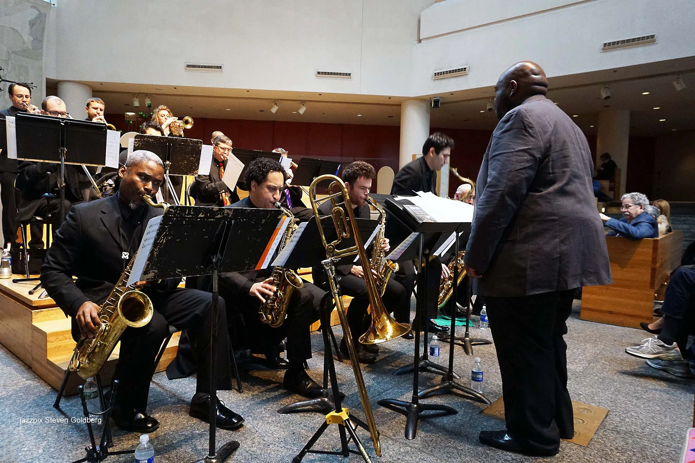  Colin Brigstocke, trumpet, Ron Harter, trumpet, Alicia Rau, trumpet, Ryo Sasaki, trumpet. James Hall, trombone, Jimmy O'Connell, trombone, Robert Stattel, trombone, Brandon Moodie, bass trombone. Beavin Lawrence, tenor saxophone, Omar Daniels, alto 