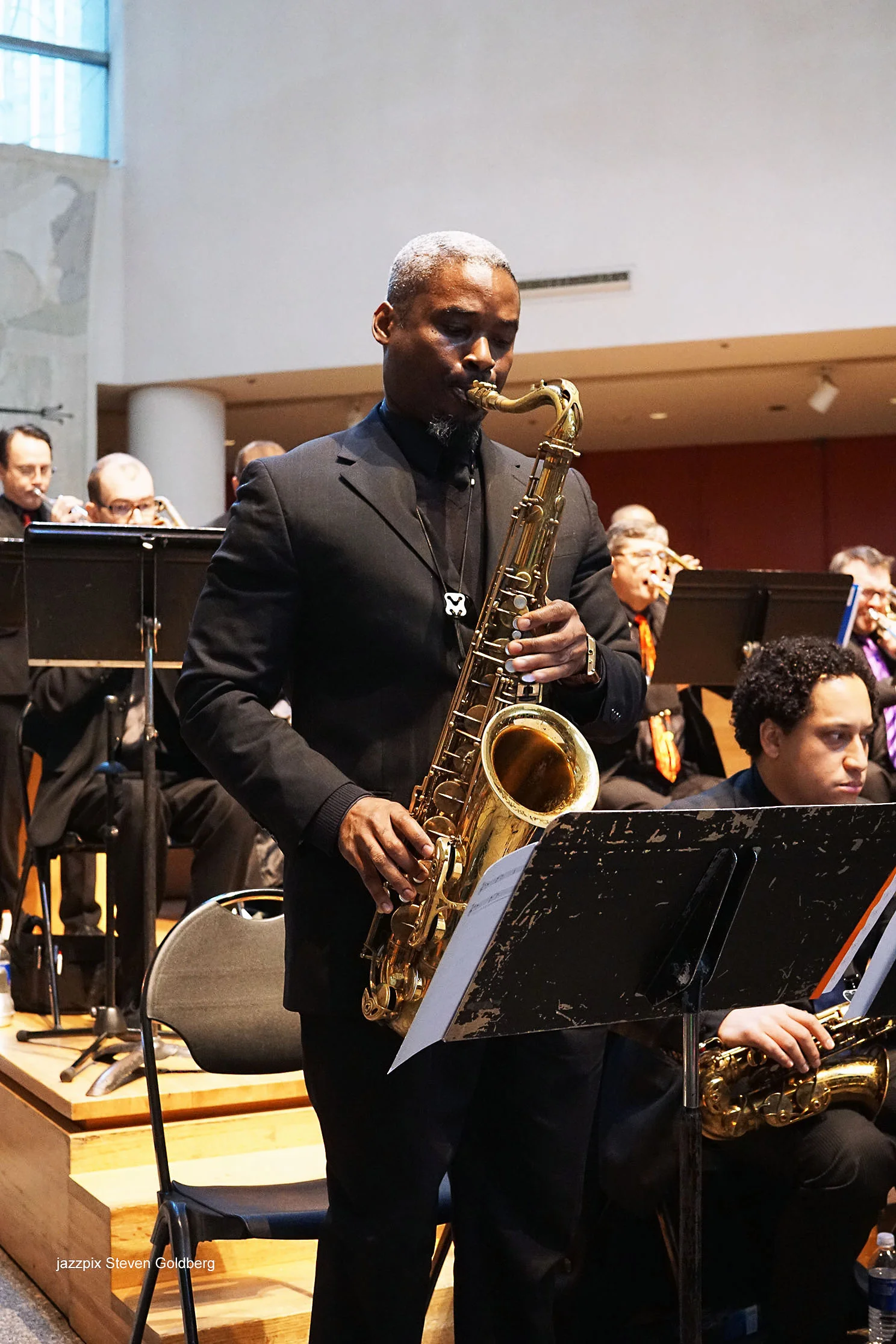  Beavin Lawrence, tenor saxophone, Omar Daniels, alto saxophone. David White Jazz Orchestra. Live at Midday Jazz CD Release concert at Saint Peter's Church, New York, NY. 2017. Photo by Steven Goldberg.   