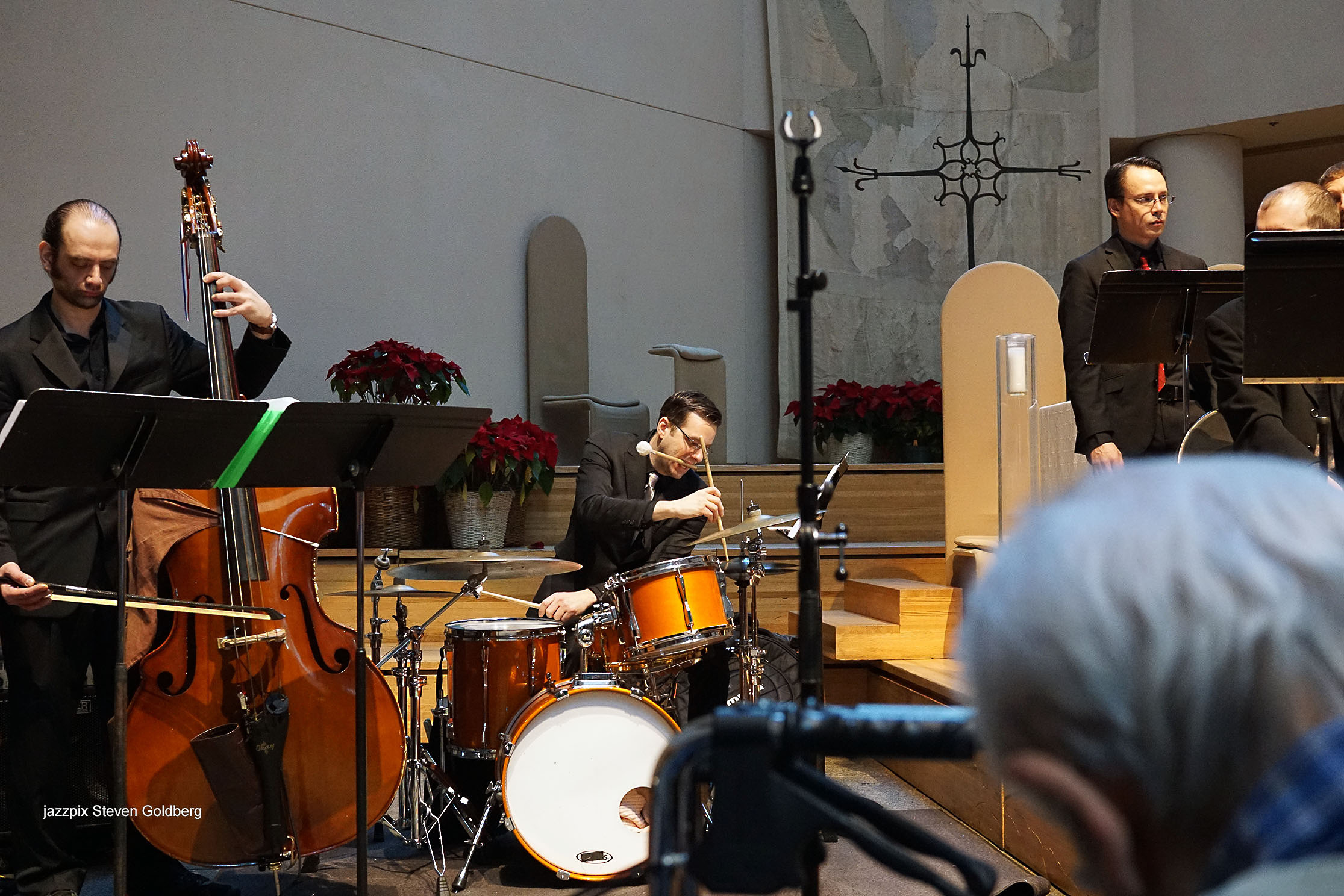  Alexi David, bass, Jordan Young, drums. David White Jazz Orchestra. Live at Midday Jazz CD Release concert at Saint Peter's Church, New York, NY. 2017. Photo by Steven Goldberg.   