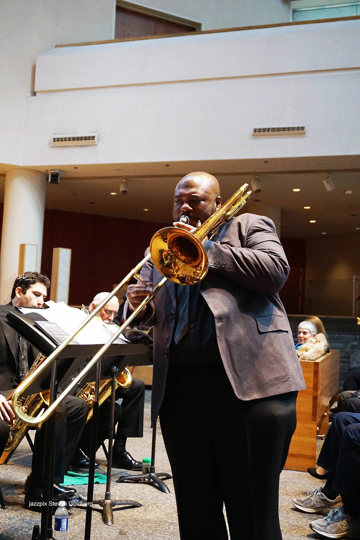  David White, trombone. Sam Dillon, tenor saxophone, Jeff Newell, baritone saxophone. David White Jazz Orchestra. Live at Midday Jazz CD Release concert at Saint Peter's Church, New York, NY. 2017. Photo by Steven Goldberg.   