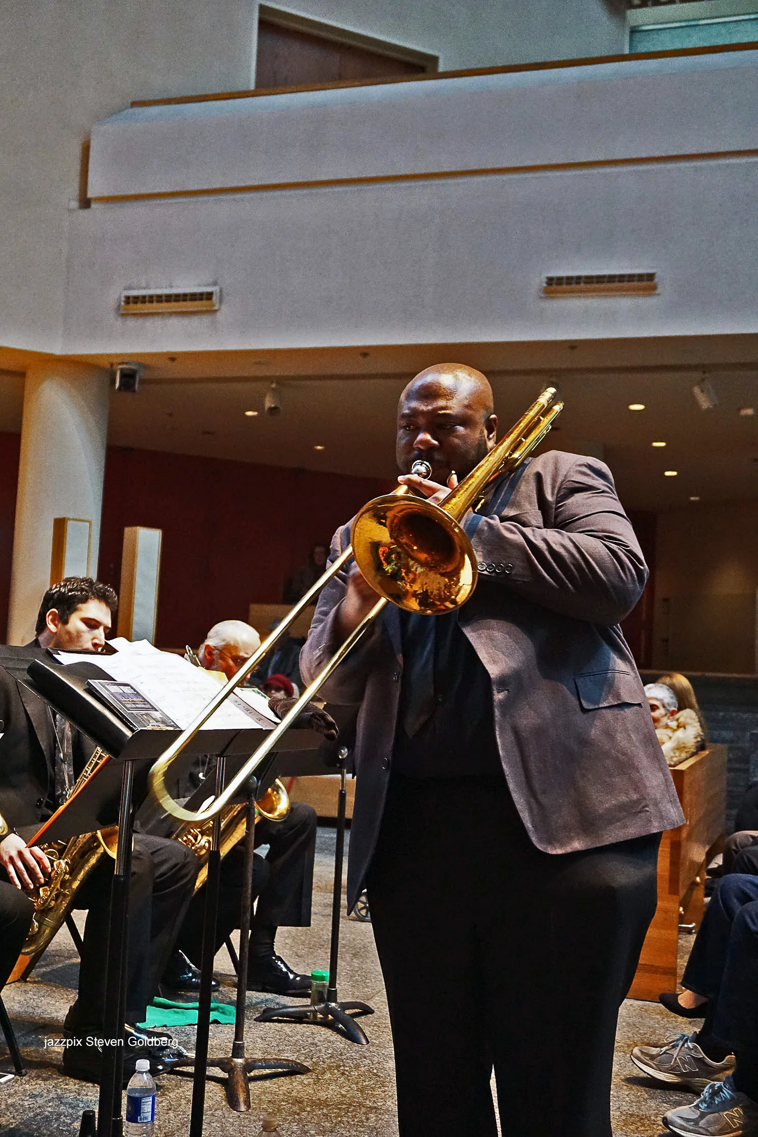  David White, trombone. Sam Dillon, tenor saxophone, Jeff Newell, baritone saxophone. David White Jazz Orchestra. Live at Midday Jazz CD Release concert at Saint Peter's Church, New York, NY. 2017. Photo by Steven Goldberg.   