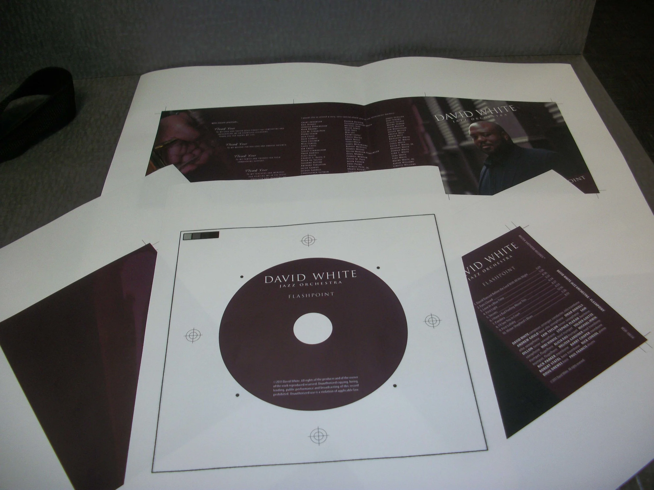  Artwork proofs. David White Jazz Orchestra. Flashpoint. Mister Shepherd Records (MSR-10614). Recording session at Skyline Studios, New York, NY. 2010.   