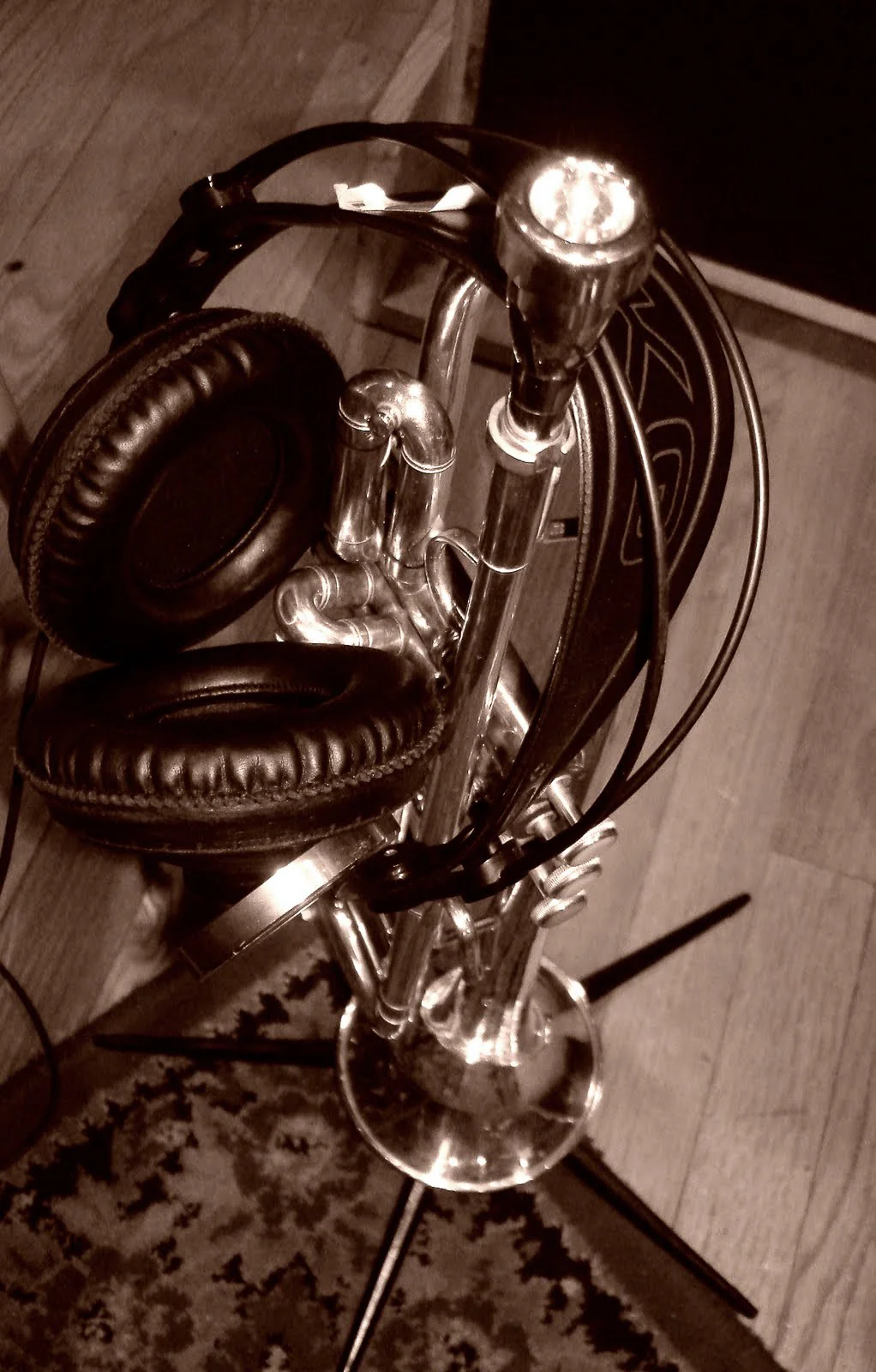  Pre-recording. Studio monitor headphones, trumpet. David White Jazz Orchestra. Flashpoint. Mister Shepherd Records (MSR-10614). Recording session at Skyline Studios, New York, NY. 2010.   