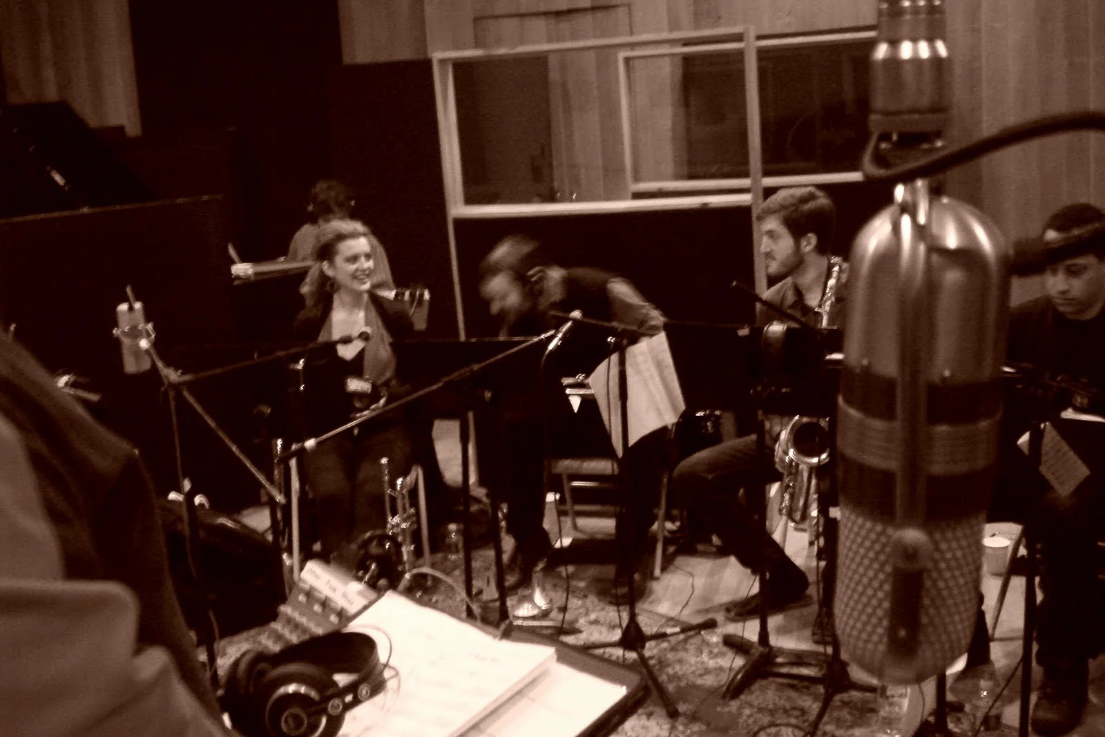  Alicia Rau, trumpet, Michael Irwin, trumpet, Sam Taylor, tenor saxophone, Omar Daniels, alto saxophone. David White Jazz Orchestra. Flashpoint. Mister Shepherd Records (MSR-10614). Recording session at Skyline Studios, New York, NY. 2010.   