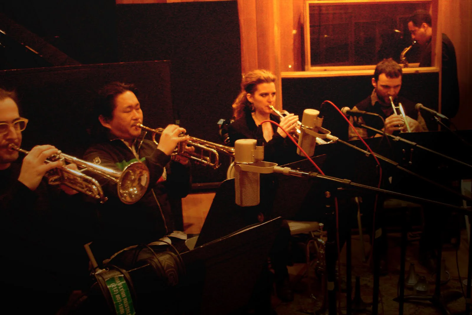 Volker Goetze, trumpet, Miki Hirose, trumpet, Alicia Rau, trumpet, Michael Irwin, trumpet, Omar Daniels, alto saxophone. David White Jazz Orchestra. Flashpoint. Mister Shepherd Records (MSR-10614). Recording session at Skyline Studios, New York, NY.