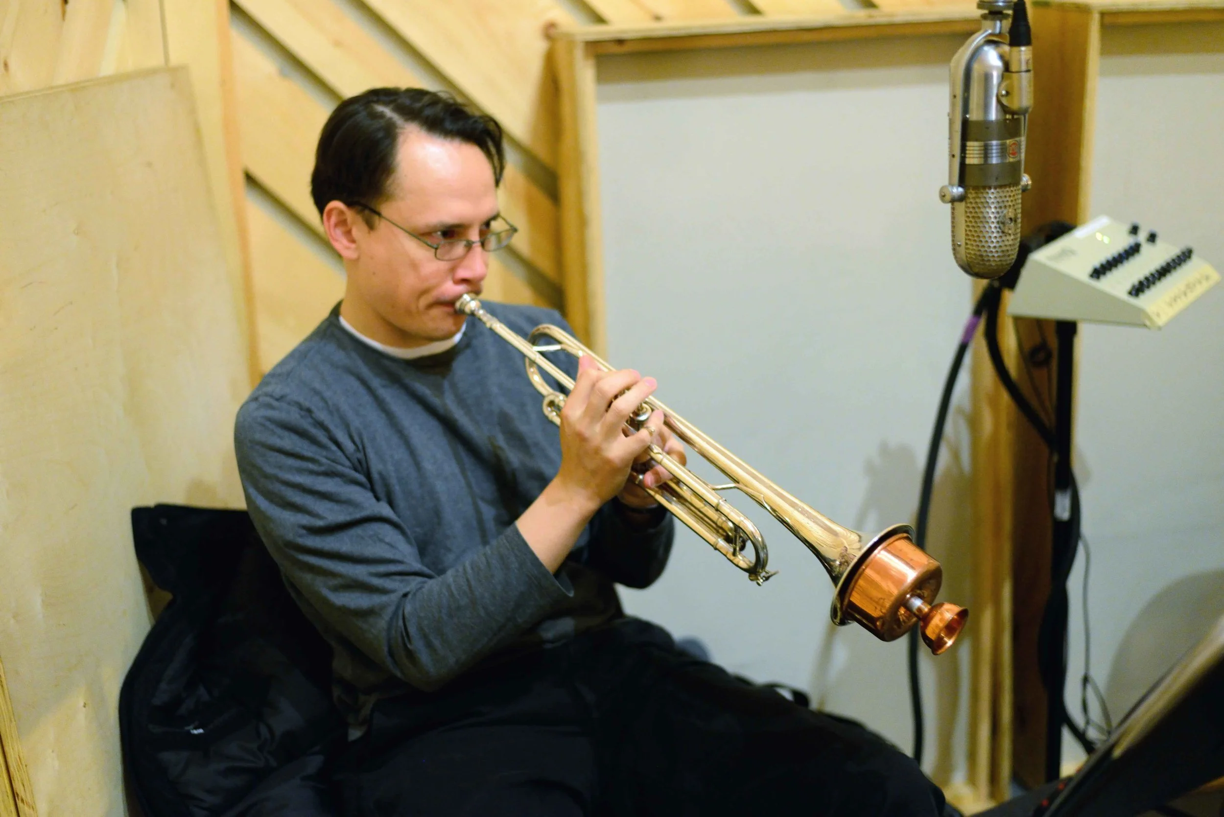  Colin Brigstocke, trumpet. David White Jazz Orchestra. The Chase. Mister Shepherd Records (MSR-10615). Recording session at The Bunker Studio, Brooklyn, NY. 2014. Photo by Joe Josephs.   