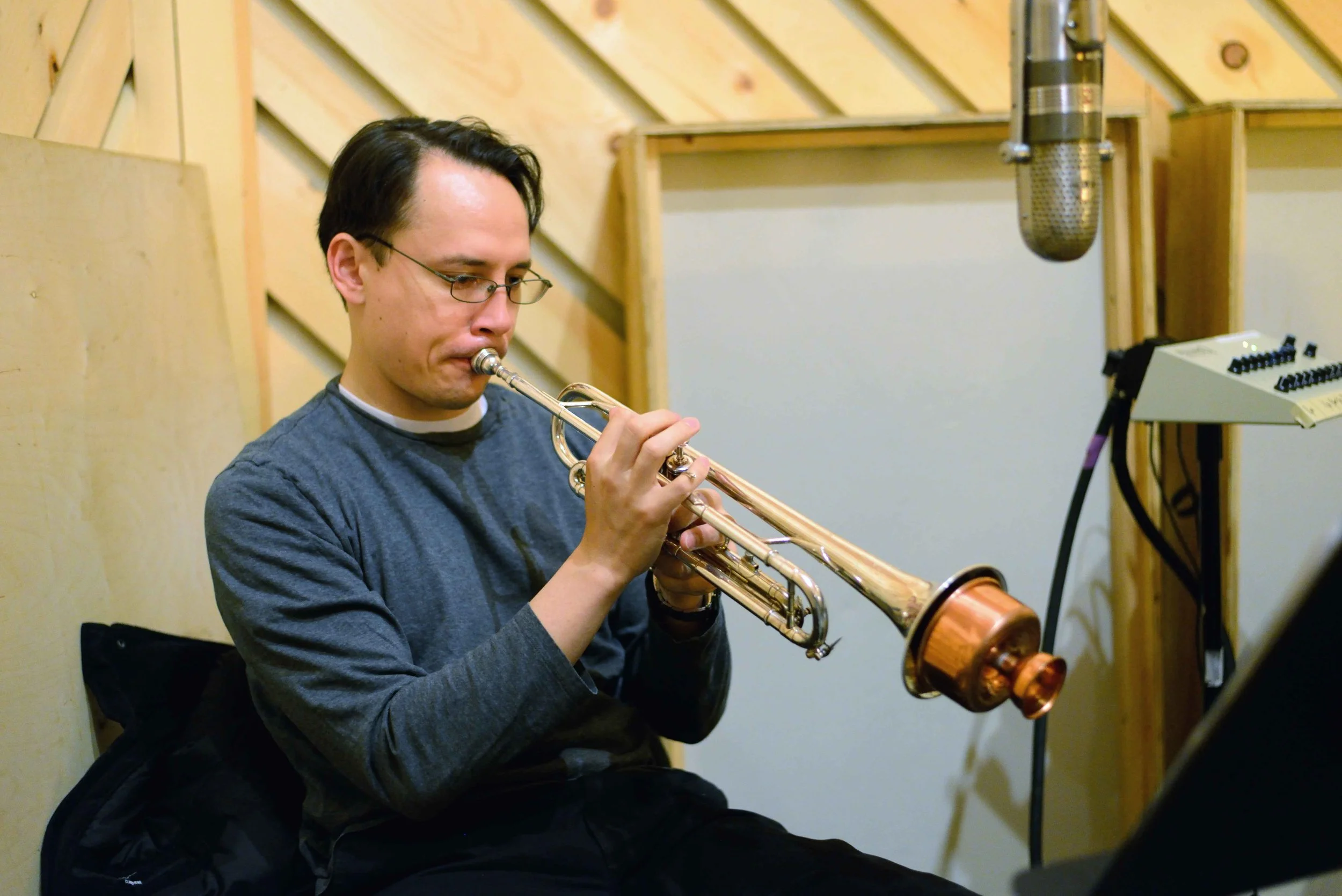  Colin Brigstocke, trumpet. David White Jazz Orchestra. The Chase. Mister Shepherd Records (MSR-10615). Recording session at The Bunker Studio, Brooklyn, NY. 2014. Photo by Joe Josephs.   