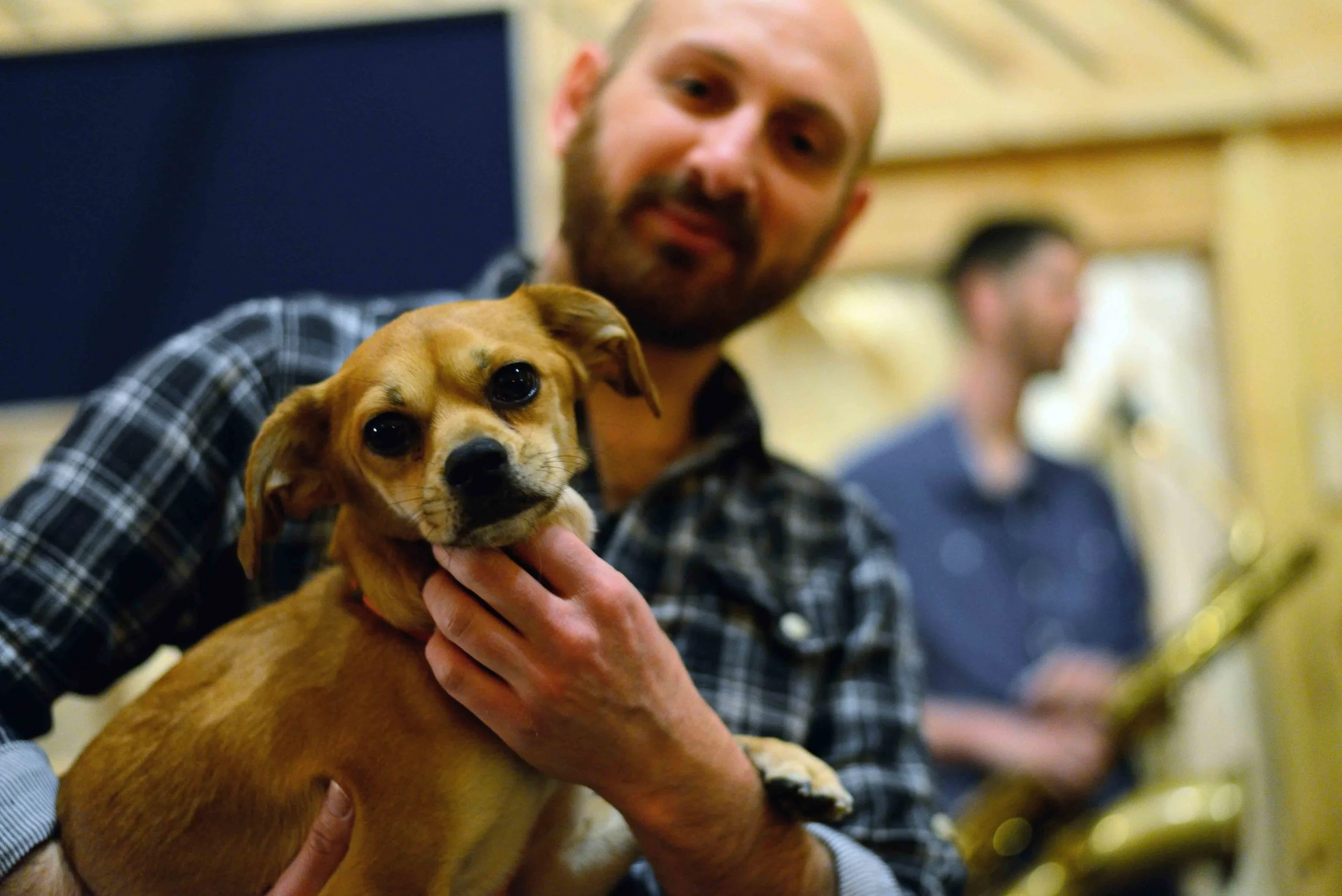  Aaron Nevezie, recording engineer. Chico, dog. David White Jazz Orchestra. The Chase. Mister Shepherd Records (MSR-10615). Recording session at The Bunker Studio, Brooklyn, NY. 2014. Photo by Joe Josephs.   