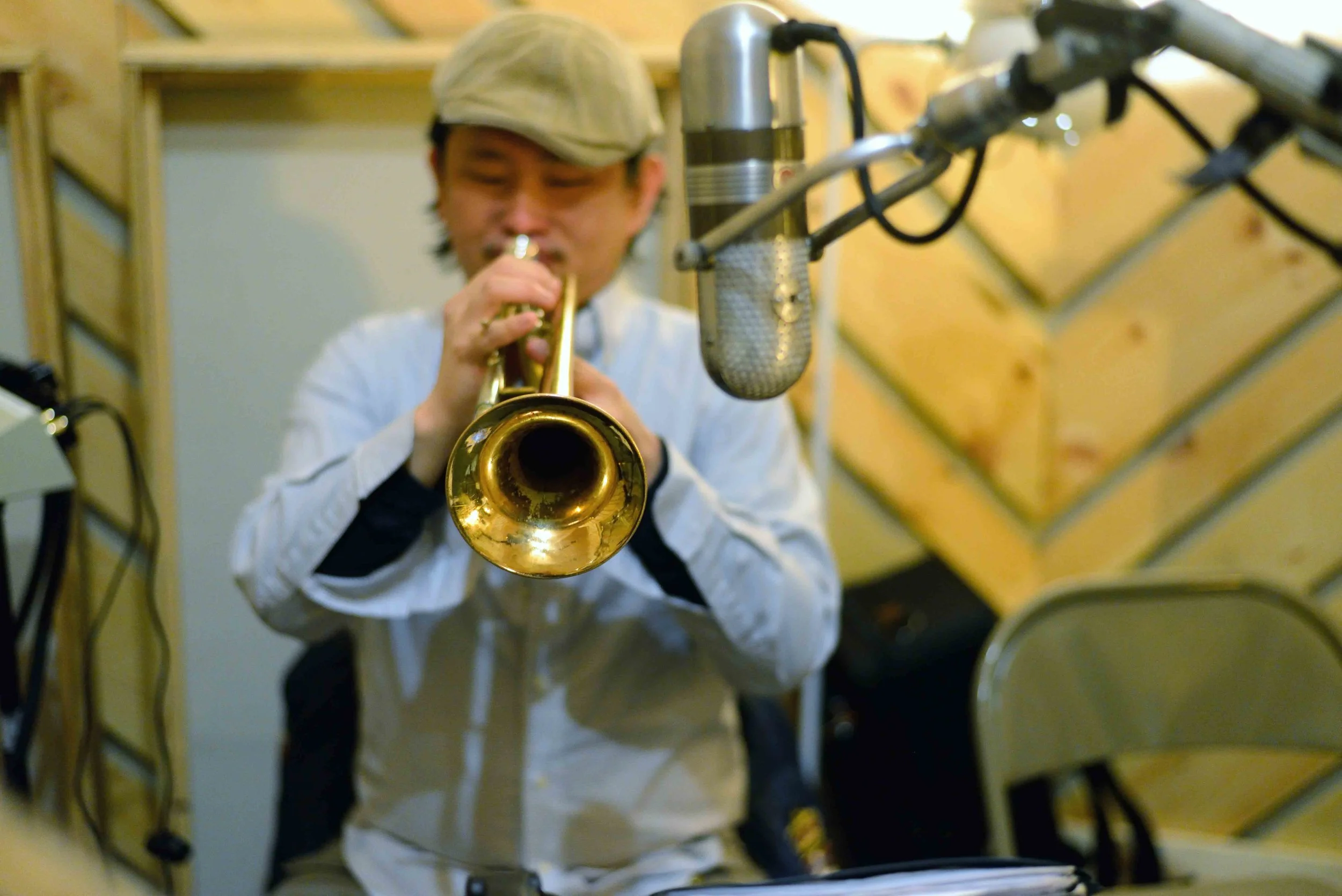  Miki Hirose, trumpet. David White Jazz Orchestra. The Chase. Mister Shepherd Records (MSR-10615). Recording session at The Bunker Studio, Brooklyn, NY. 2014. Photo by Joe Josephs.   