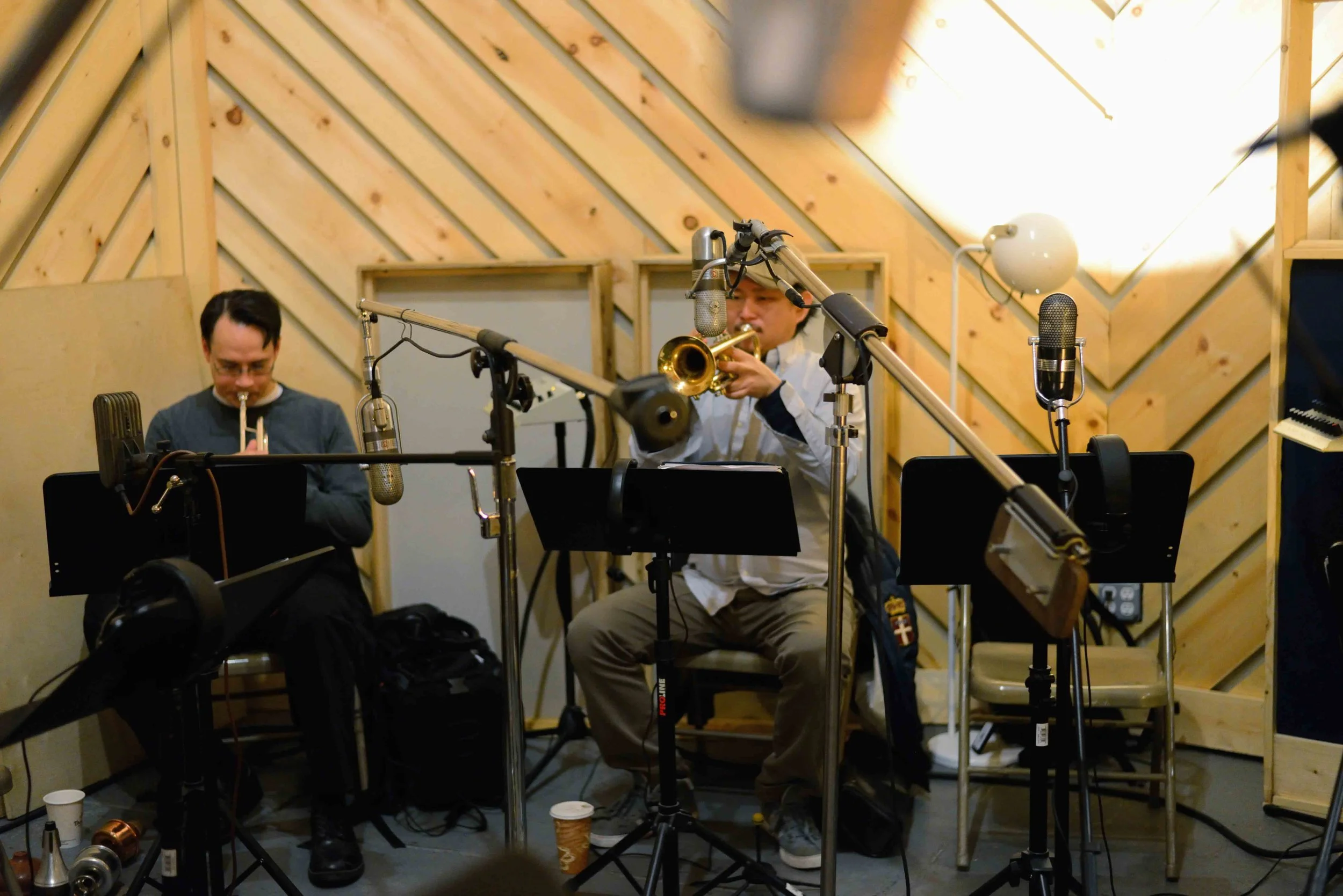  Colin Brigstocke, trumpet, Miki Hirose, trumpet. David White Jazz Orchestra. The Chase. Mister Shepherd Records (MSR-10615). Recording session at The Bunker Studio, Brooklyn, NY. 2014. Photo by Joe Josephs.   