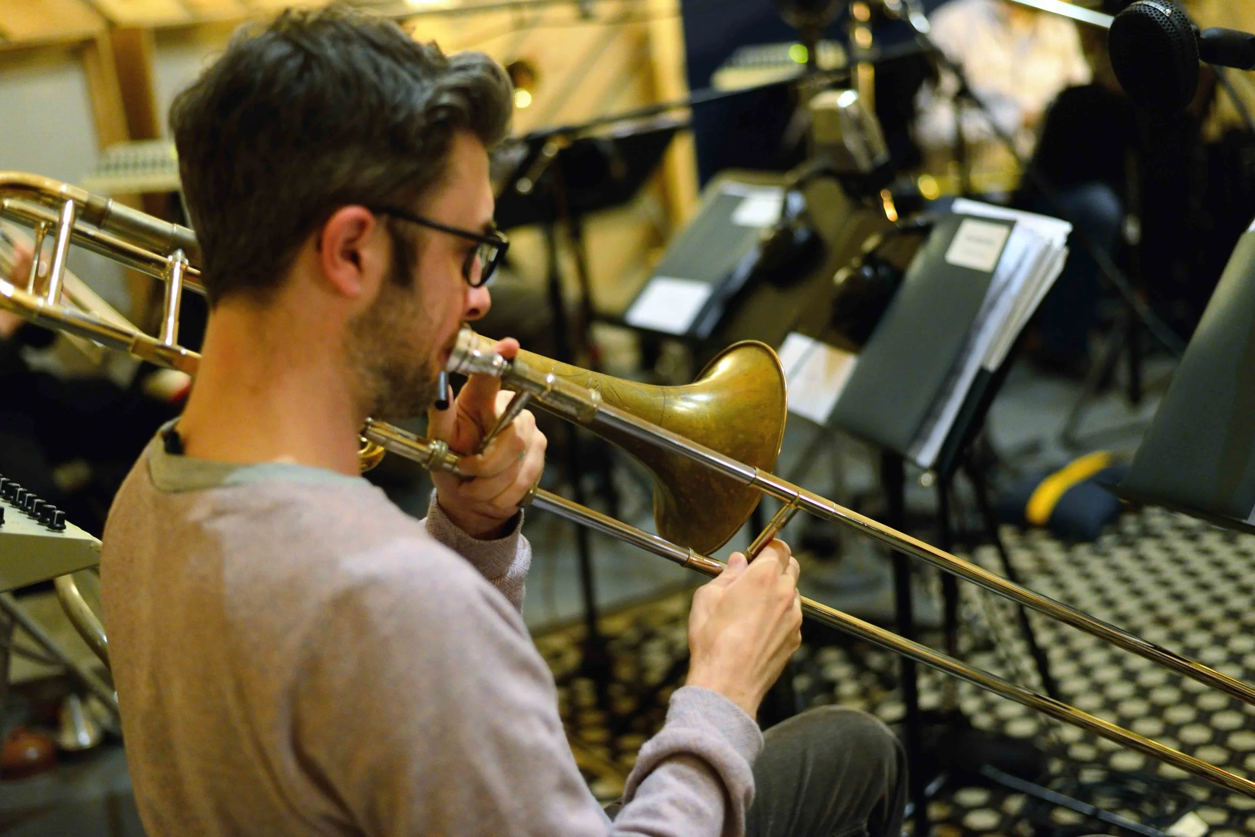  Rick Parker, trombone. David White Jazz Orchestra. The Chase. Mister Shepherd Records (MSR-10615). Recording session at The Bunker Studio, Brooklyn, NY. 2014. Photo by Joe Josephs.   