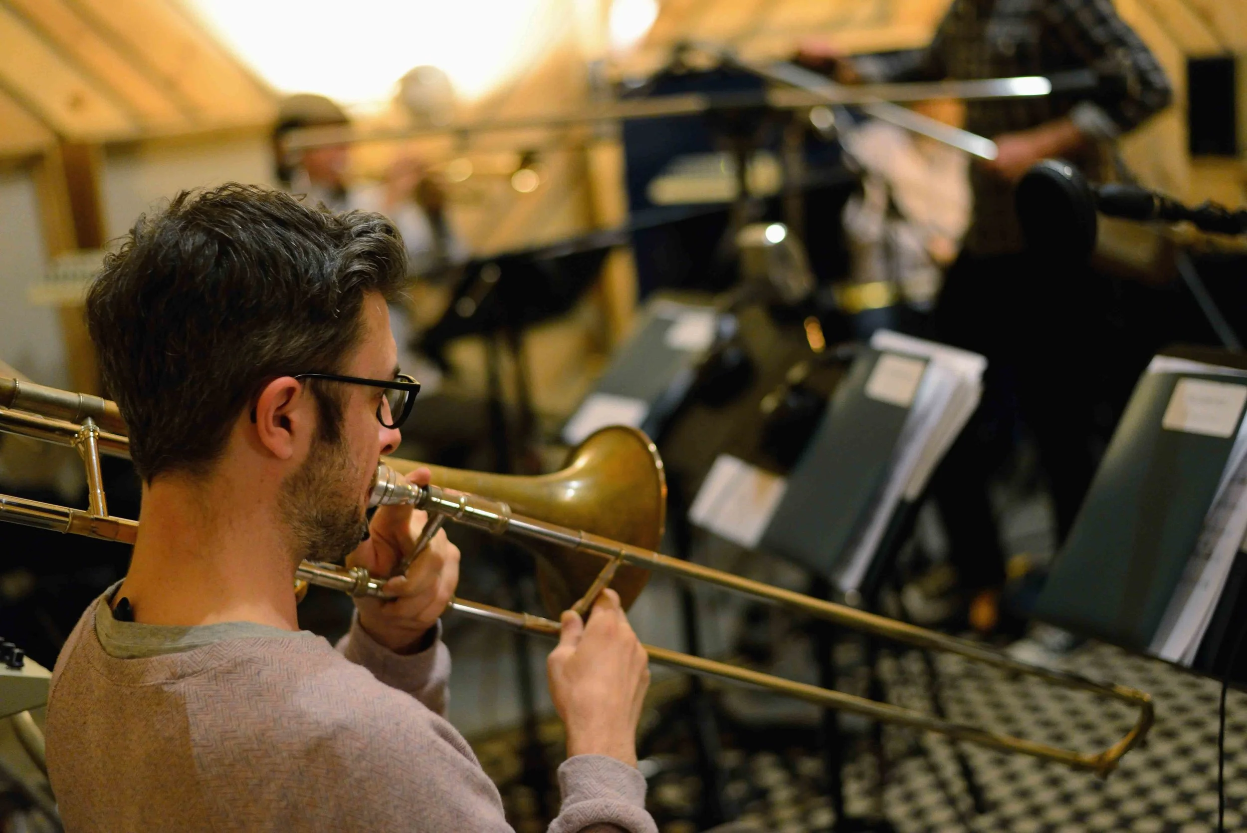  Rick Parker, trombone. David White Jazz Orchestra. The Chase. Mister Shepherd Records (MSR-10615). Recording session at The Bunker Studio, Brooklyn, NY. 2014. Photo by Joe Josephs.   