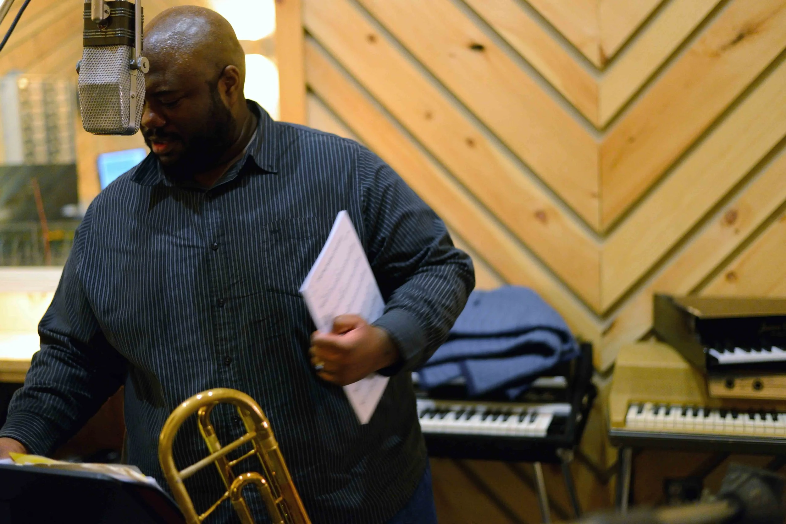  David White, Music Director. David White Jazz Orchestra. The Chase. Mister Shepherd Records (MSR-10615). Recording session at The Bunker Studio, Brooklyn, NY. 2014. Photo by Joe Josephs.   