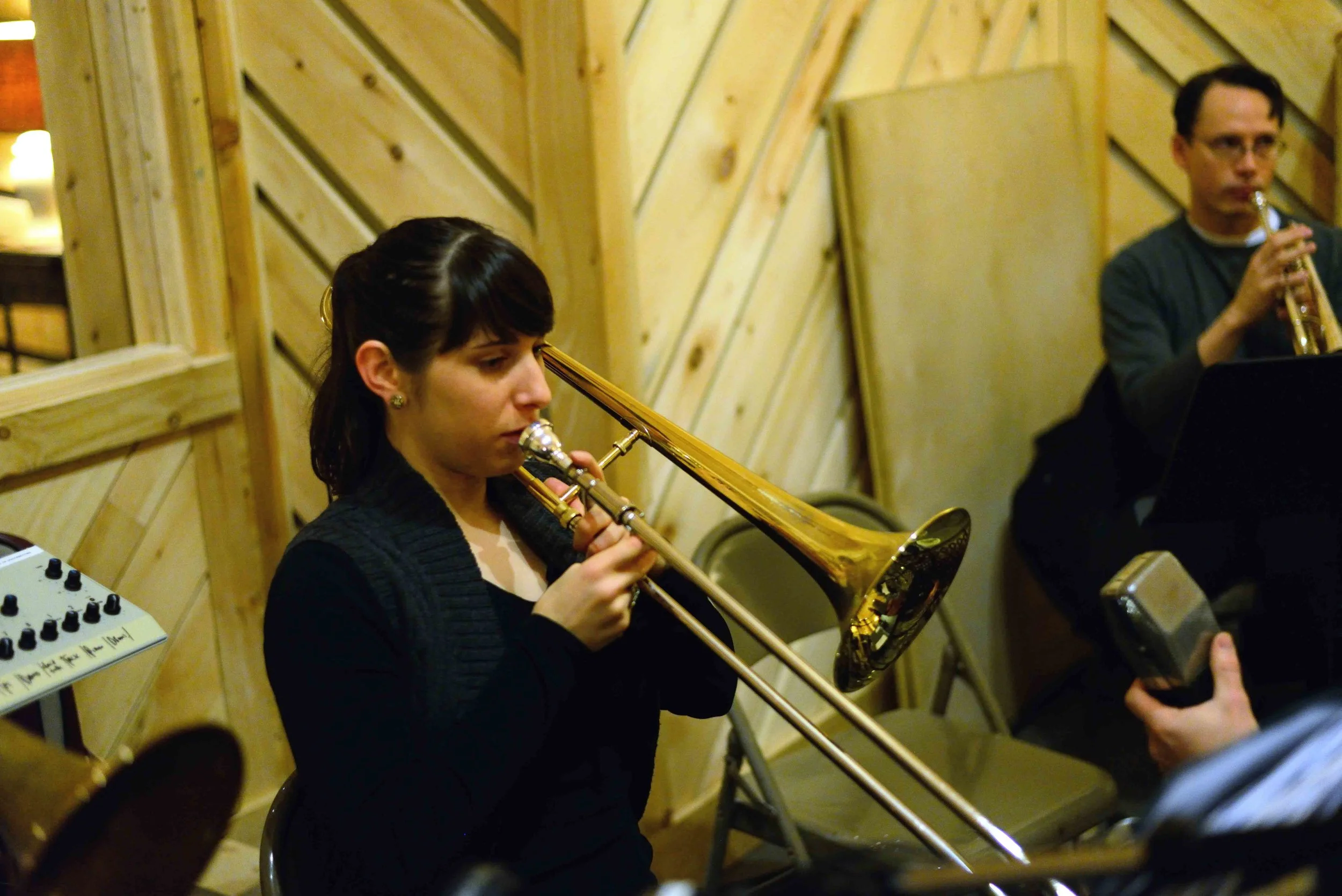  Alaina Alster, trombnone. Colin Brigstocke, trumpet. David White Jazz Orchestra. The Chase. Mister Shepherd Records (MSR-10615). Recording session at The Bunker Studio, Brooklyn, NY. 2014. Photo by Joe Josephs.   