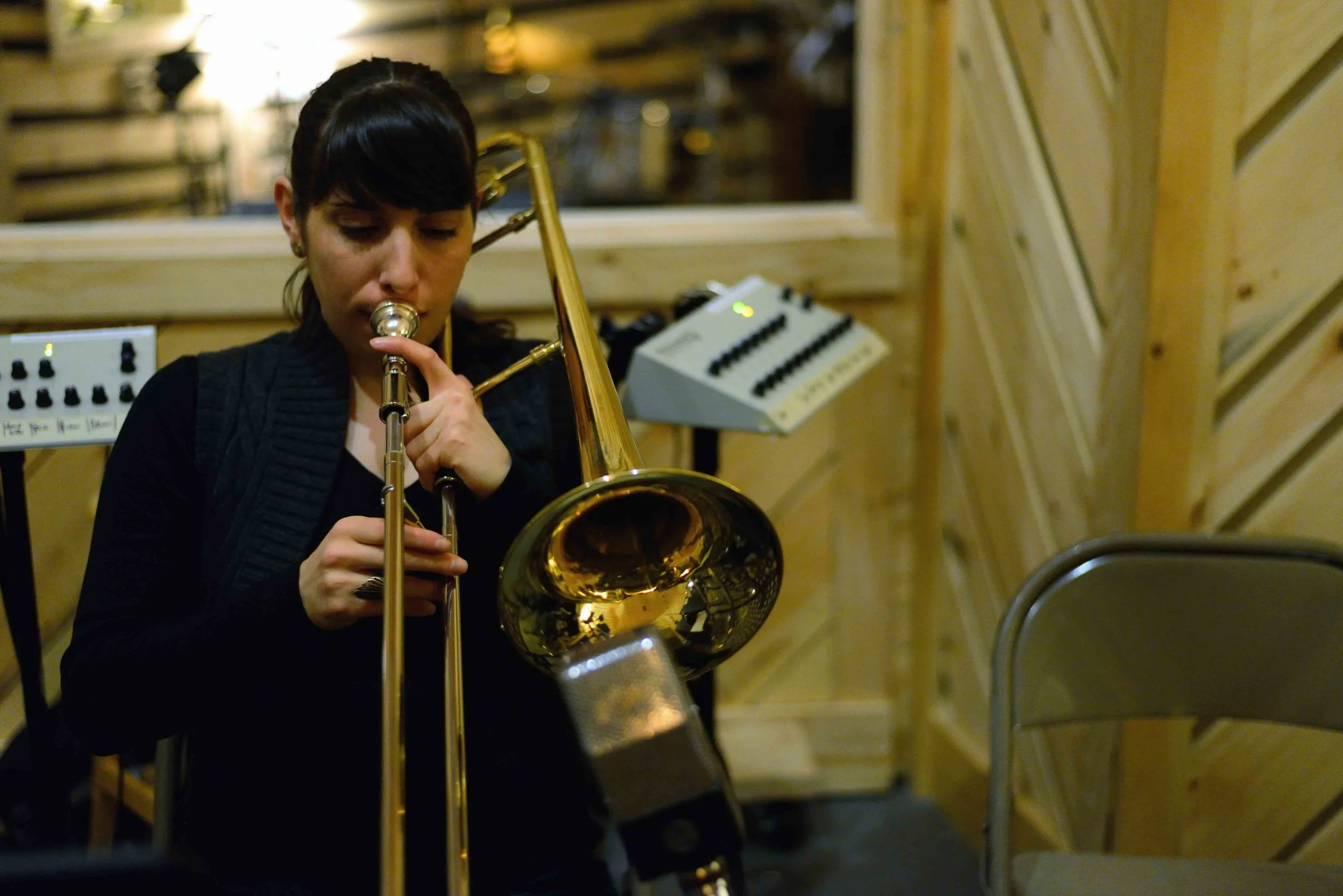  Alaina Alster, trombone. David White Jazz Orchestra. The Chase. Mister Shepherd Records (MSR-10615). Recording session at The Bunker Studio, Brooklyn, NY. 2014. Photo by Joe Josephs.   