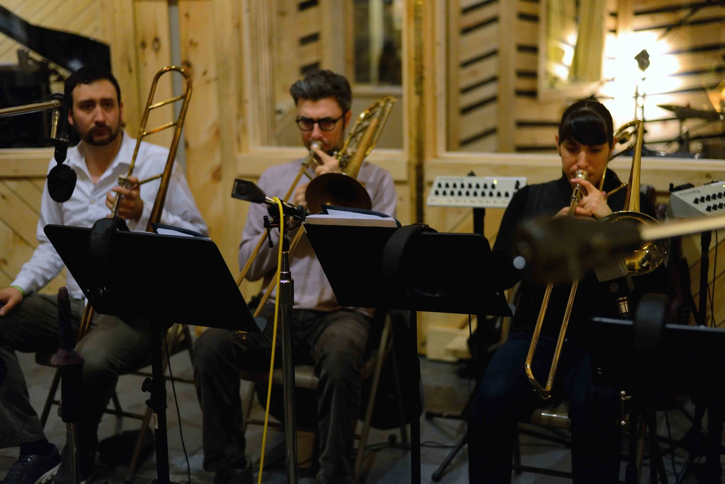  Dan Reitz, trombone, Rick Parker, trombone, Alaina Alster, trombone. David White Jazz Orchestra. The Chase. Mister Shepherd Records (MSR-10615). Recording session at The Bunker Studio, Brooklyn, NY. 2014. Photo by Joe Josephs.   