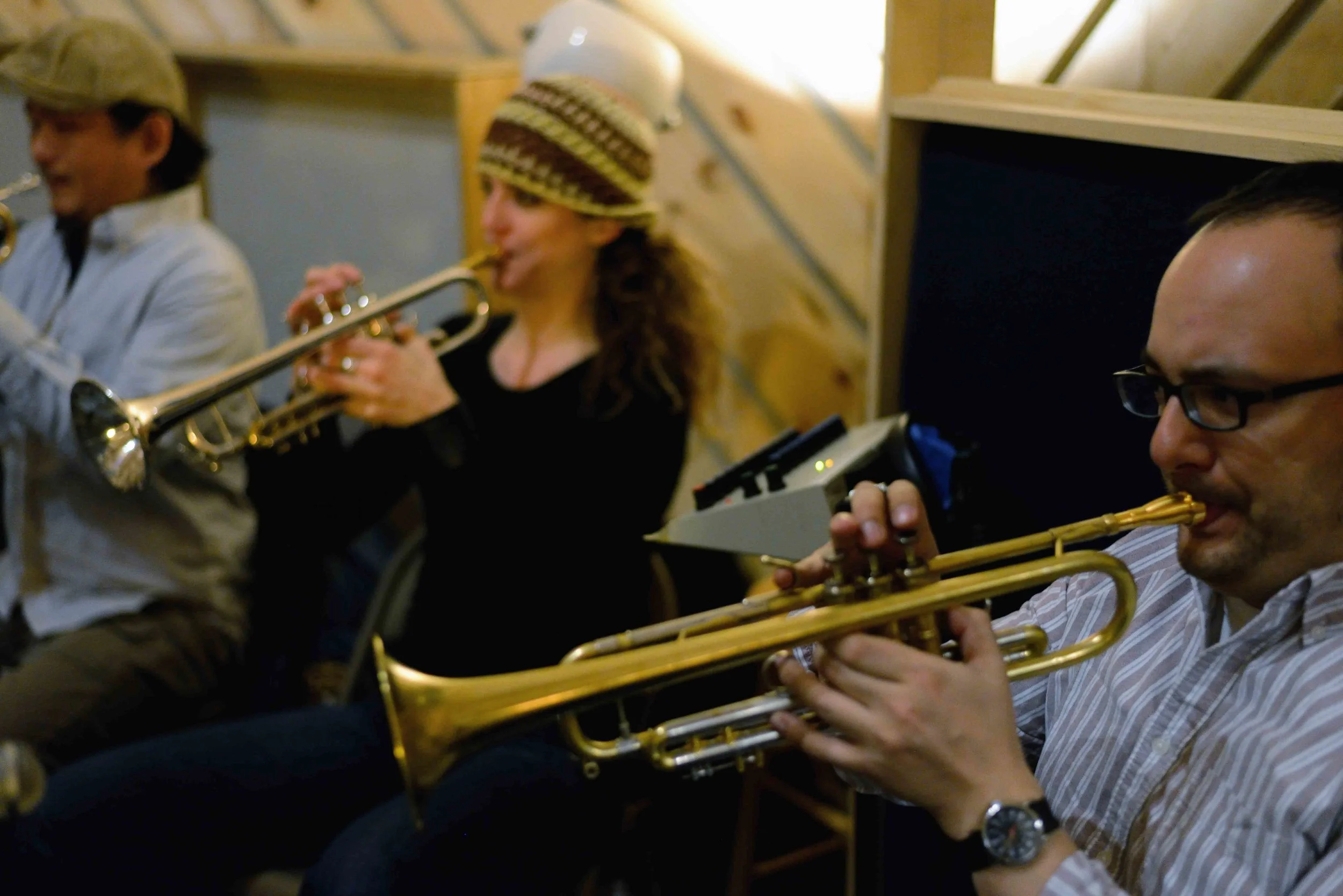  Miki Hirose, trumpet, Alicia Rau, trumpet, Pablo Masis, trumpet. David White Jazz Orchestra. The Chase. Mister Shepherd Records (MSR-10615). Recording session at The Bunker Studio, Brooklyn, NY. 2014. Photo by Joe Josephs.   