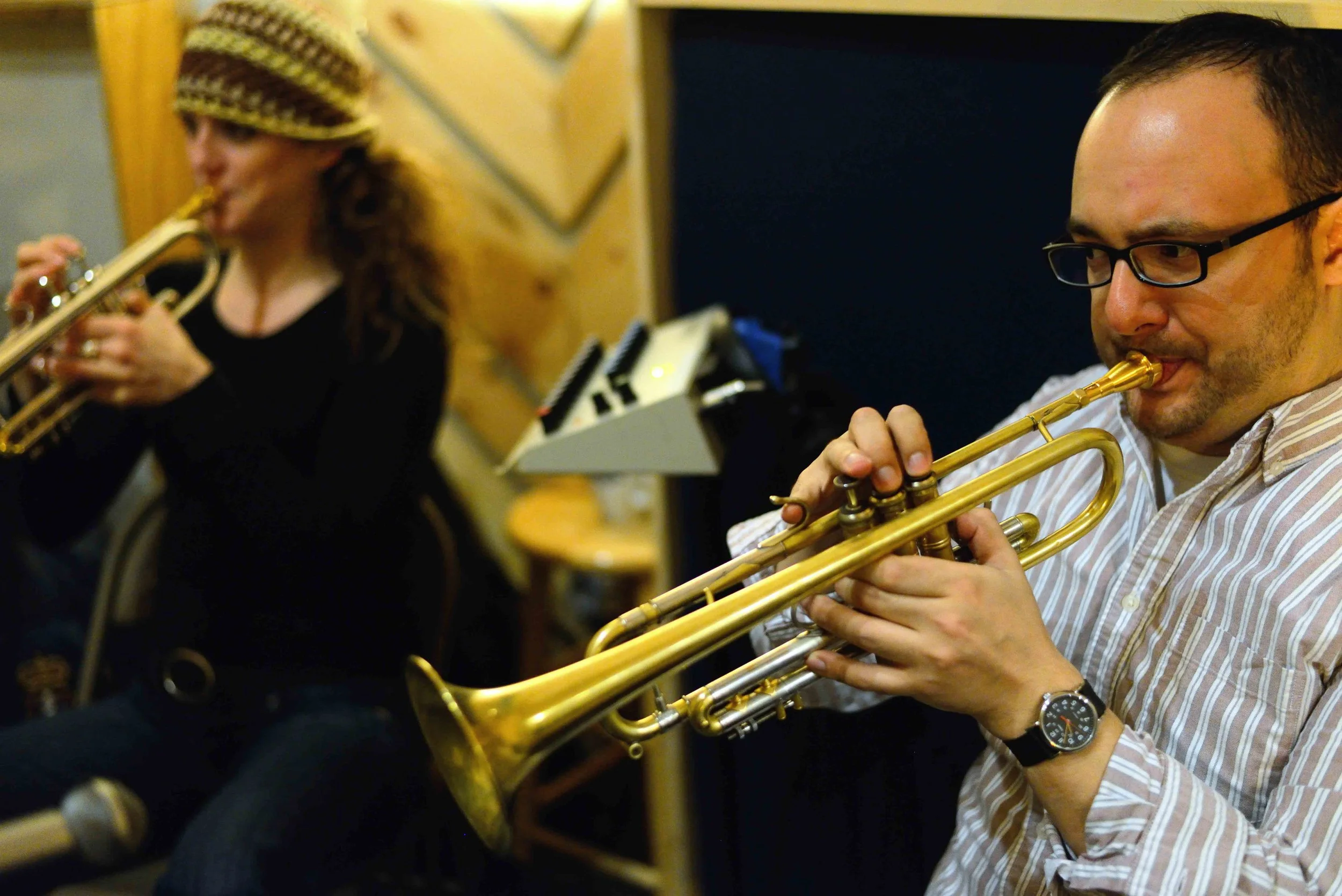  Alicia Rau, trumpet, Pablo Masis, trumpet. David White Jazz Orchestra. The Chase. Mister Shepherd Records (MSR-10615). Recording session at The Bunker Studio, Brooklyn, NY. 2014. Photo by Joe Josephs.   