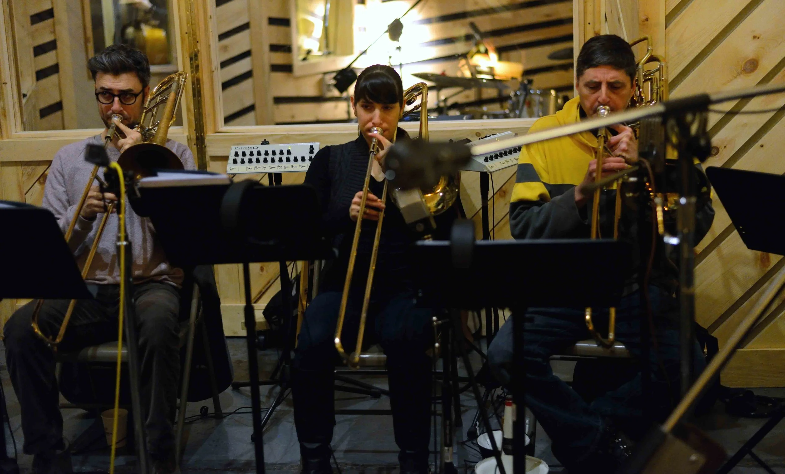  Rick Parker, trombone, Alaina Alster, trombone, Robert Stattel, bass trombone. David White Jazz Orchestra. The Chase. Mister Shepherd Records (MSR-10615). Recording session at The Bunker Studio, Brooklyn, NY. 2014. Photo by Joe Josephs.   