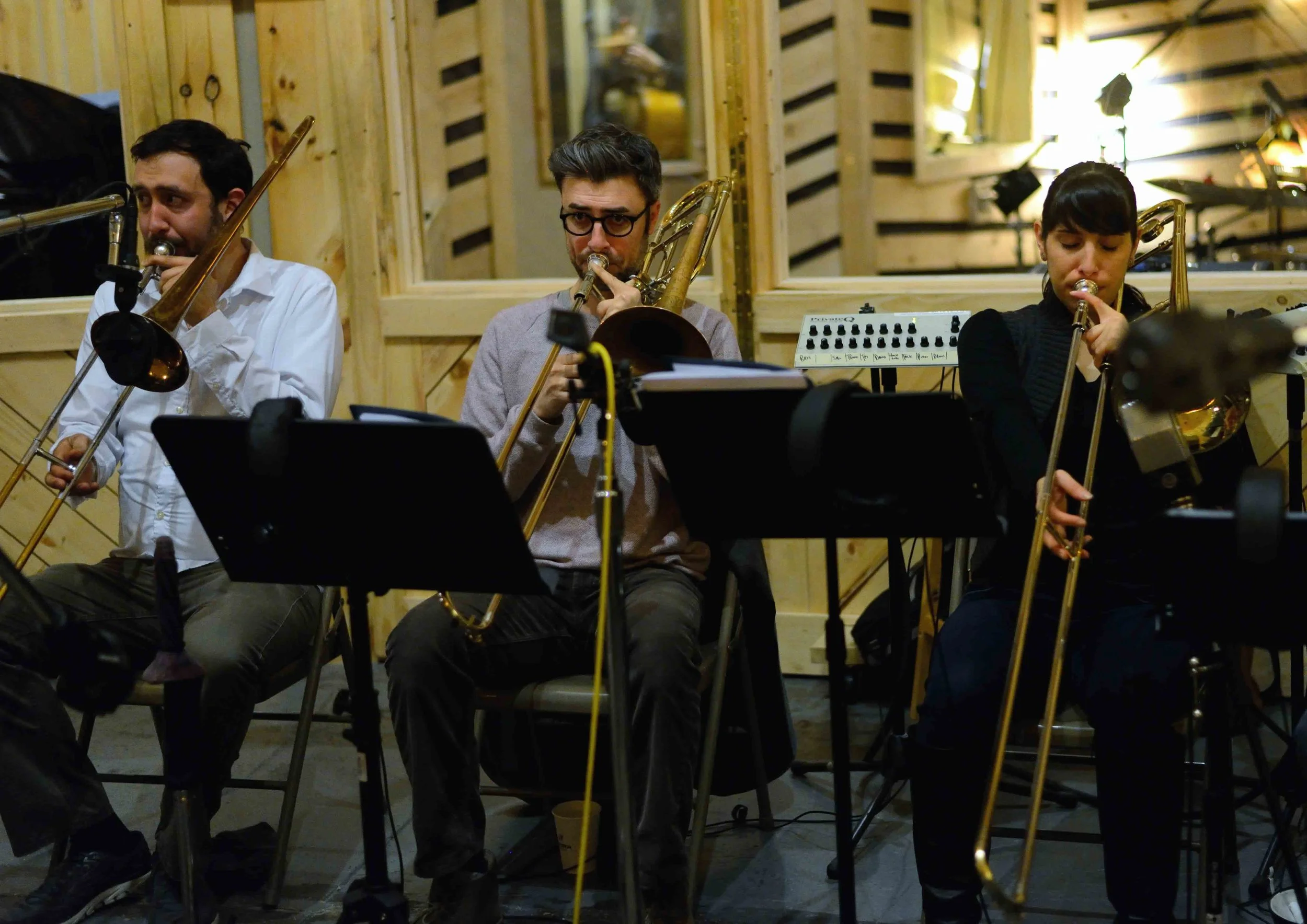  Dan Reitz, trombone, Rick Parker, trombone, Alaina Alster, trombone. David White Jazz Orchestra. The Chase. Mister Shepherd Records (MSR-10615). Recording session at The Bunker Studio, Brooklyn, NY. 2014. Photo by Joe Josephs.   