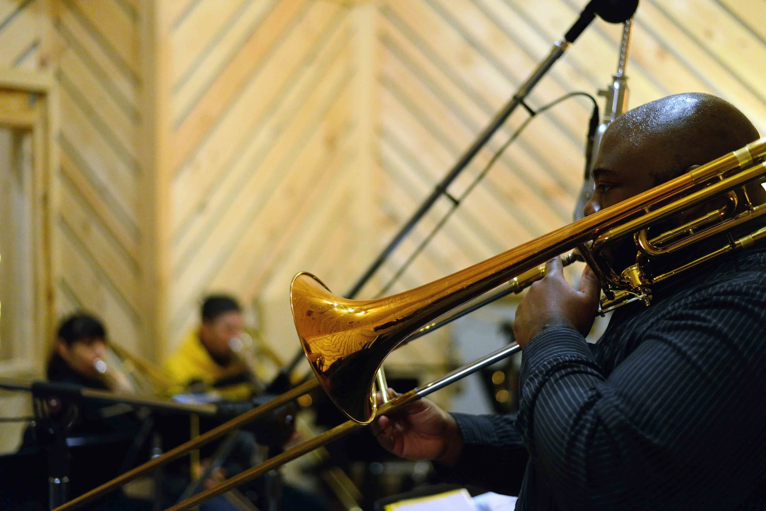  David White, trombone. David White Jazz Orchestra. The Chase. Mister Shepherd Records (MSR-10615). Recording session at The Bunker Studio, Brooklyn, NY. 2014. Photo by Joe Josephs.   