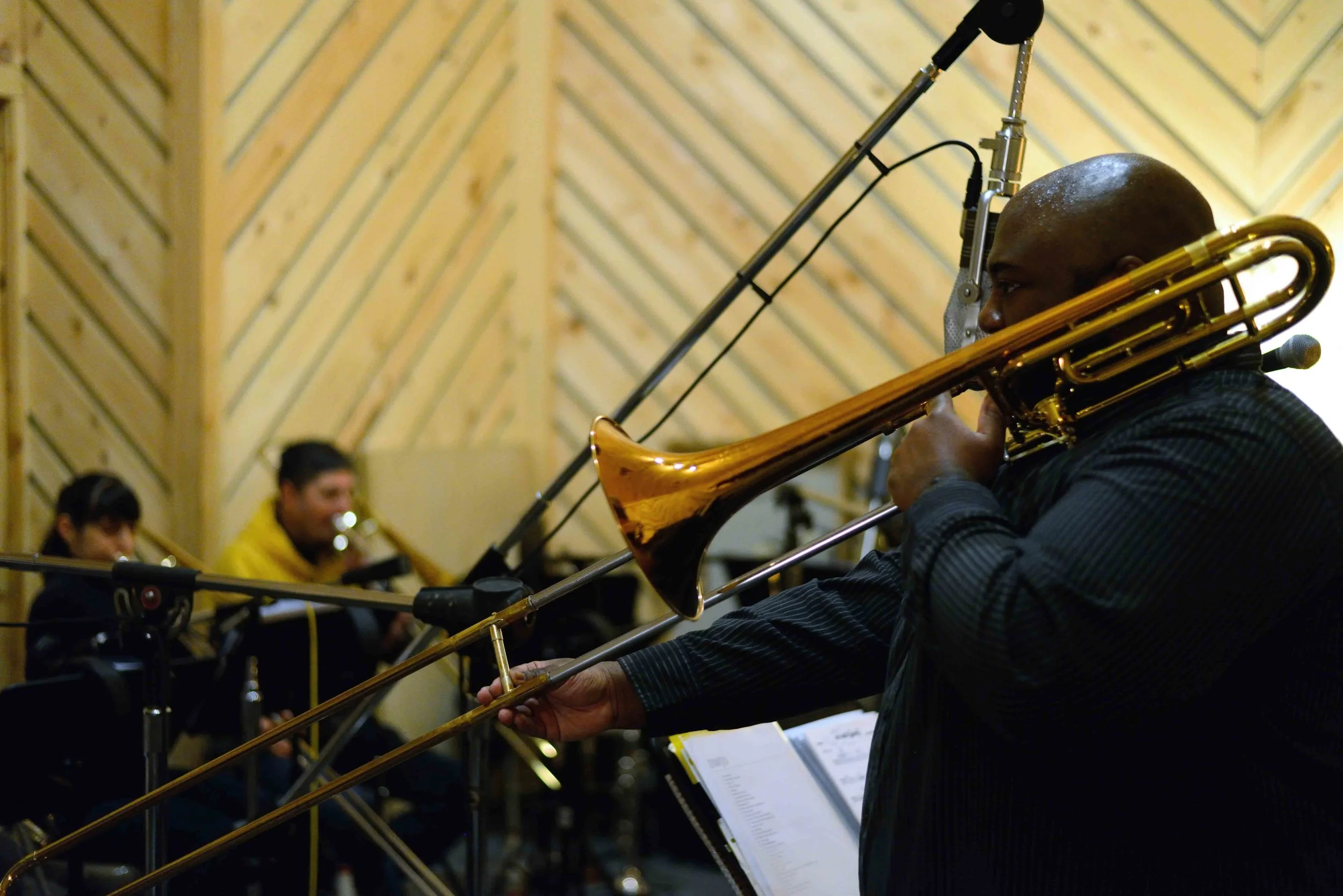  David White, trombone. David White Jazz Orchestra. The Chase. Mister Shepherd Records (MSR-10615). Recording session at The Bunker Studio, Brooklyn, NY. 2014. Photo by Joe Josephs.   