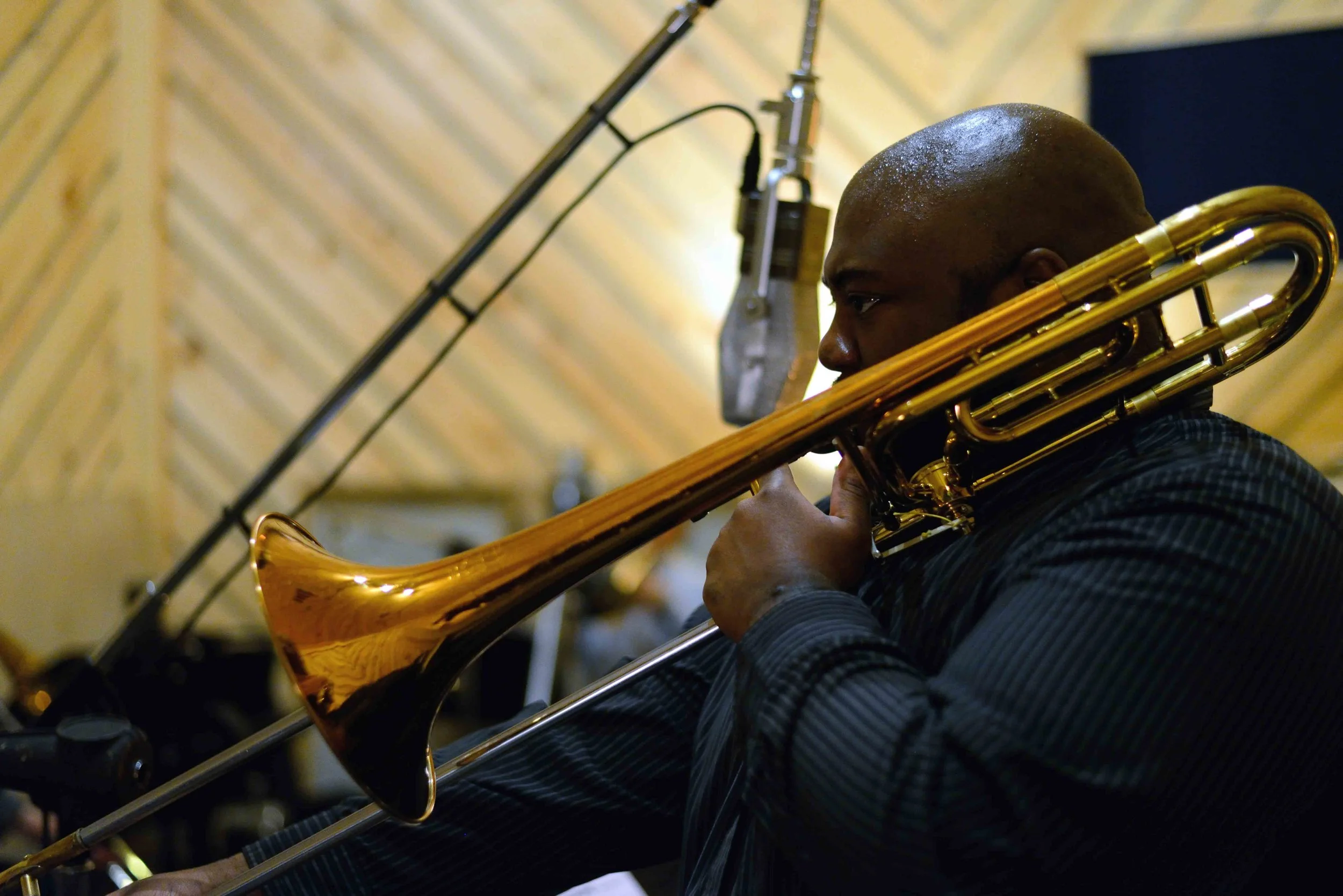  David White, trombone. David White Jazz Orchestra. The Chase. Mister Shepherd Records (MSR-10615). Recording session at The Bunker Studio, Brooklyn, NY. 2014. Photo by Joe Josephs.   