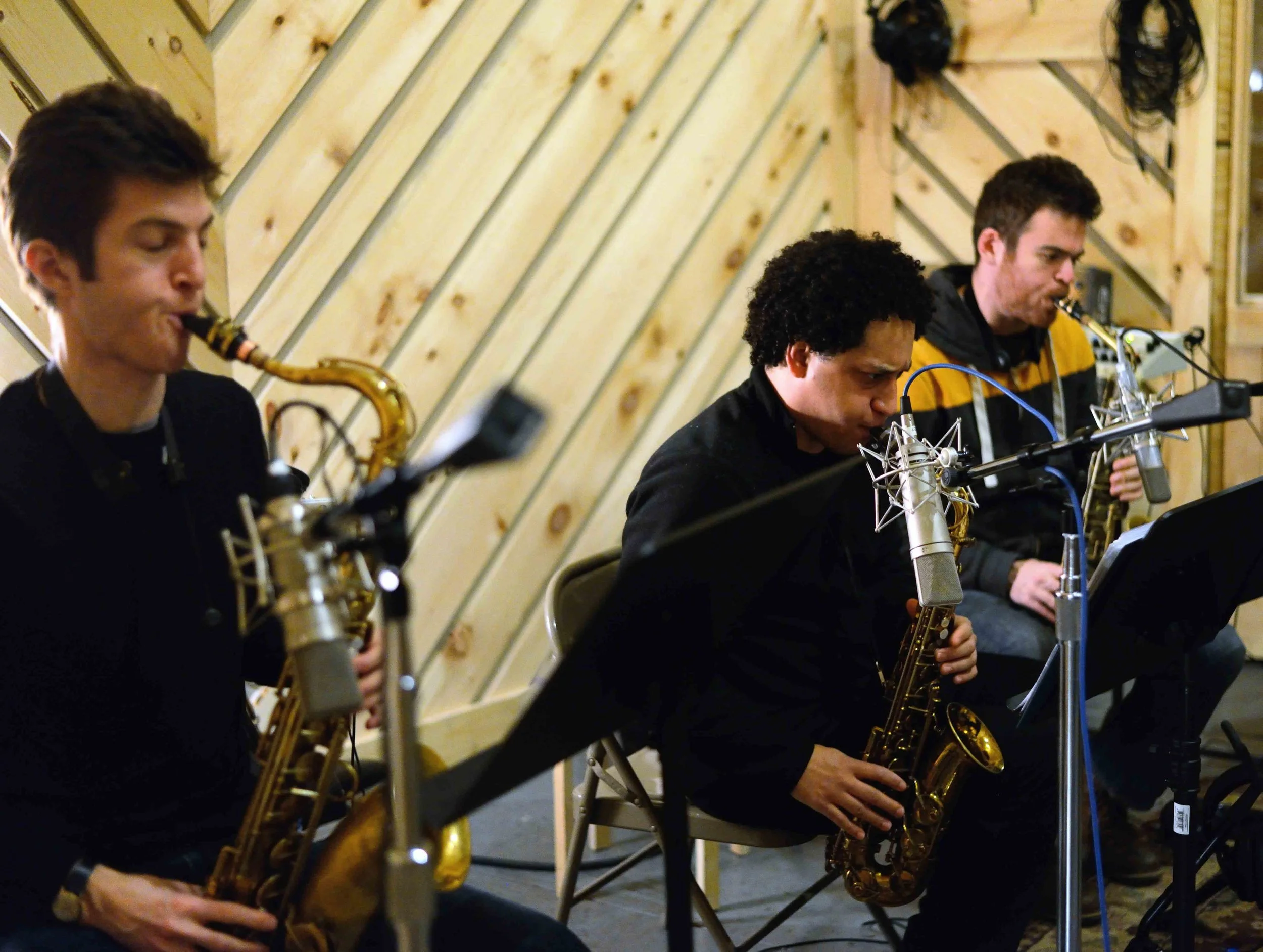  Sam Taylor, tenor saxophone, Omar Daniels, alto saxophone, Andrew Gould, alto saxophone. David White Jazz Orchestra. The Chase. Mister Shepherd Records (MSR-10615). Recording session at The Bunker Studio, Brooklyn, NY. 2014. Photo by Joe Josephs.   