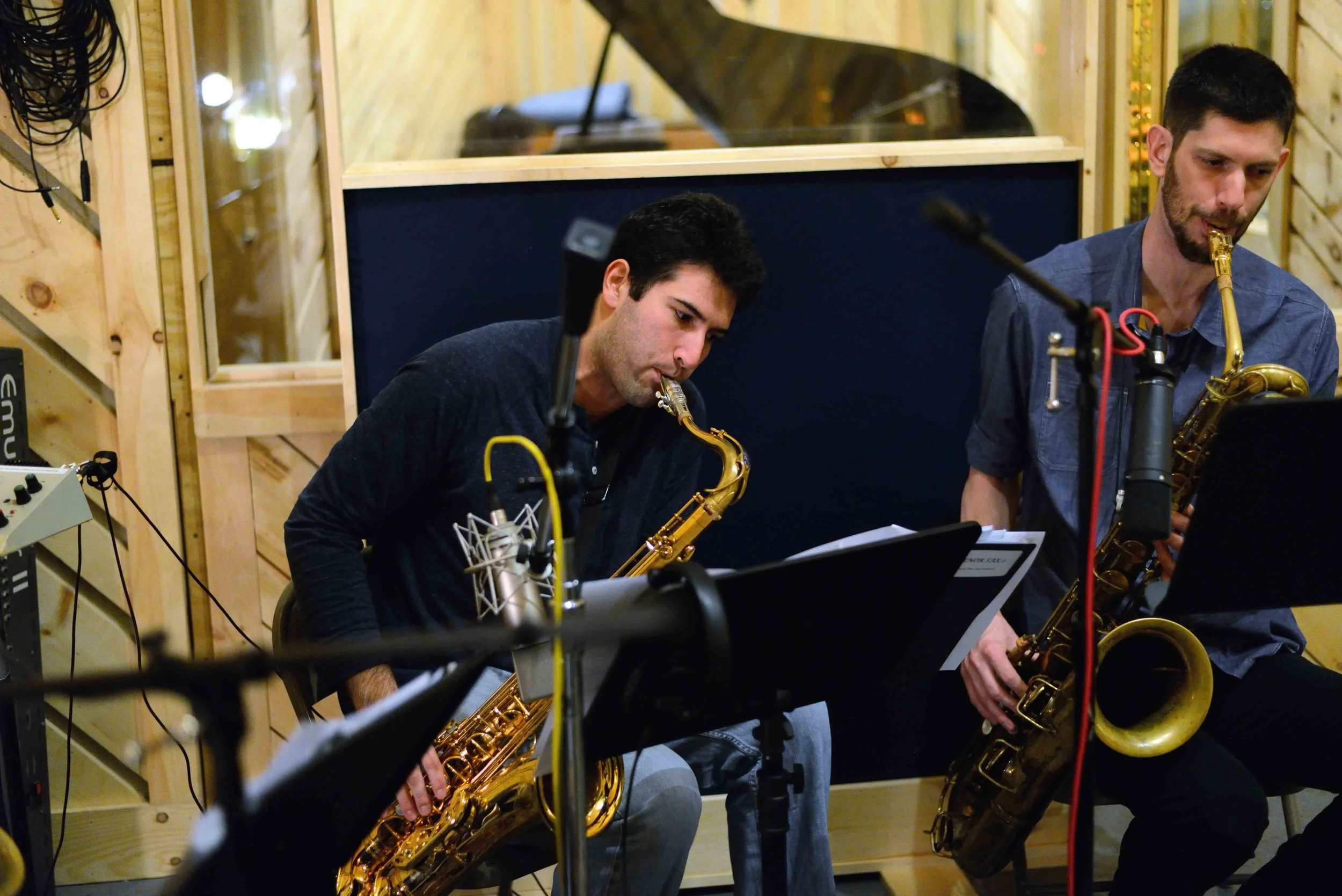  Sam Dillon, tenor saxophone, Tim Stocker, baritone saxophone. David White Jazz Orchestra. The Chase. Mister Shepherd Records (MSR-10615). Recording session at The Bunker Studio, Brooklyn, NY. 2014. Photo by Joe Josephs.   