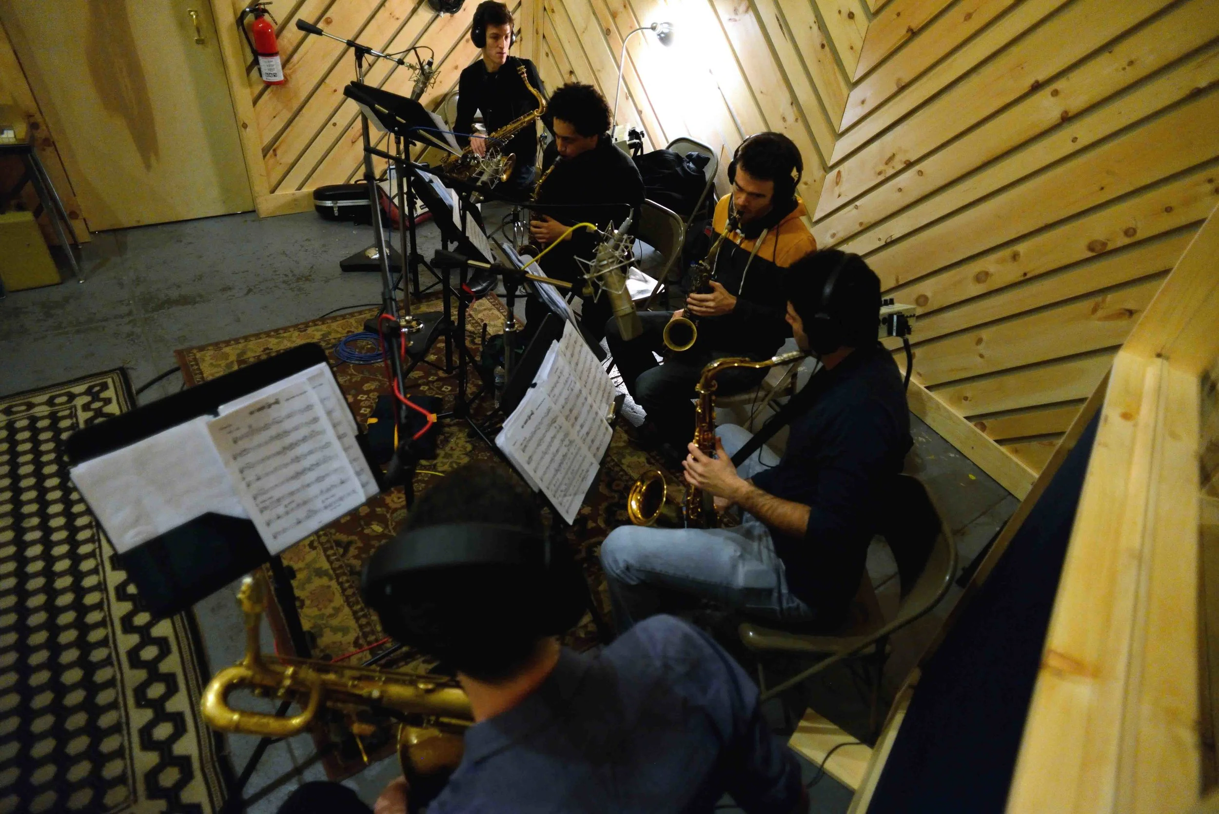  Sam Taylor, tenor saxophone, Omar Daniels, alto saxophone, Andrew Gould, alto saxophone, Sam Dillon, tenor saxophone, Tim Stocker, baritone saxophone. David White Jazz Orchestra. The Chase. Mister Shepherd Records (MSR-10615). Recording session at T