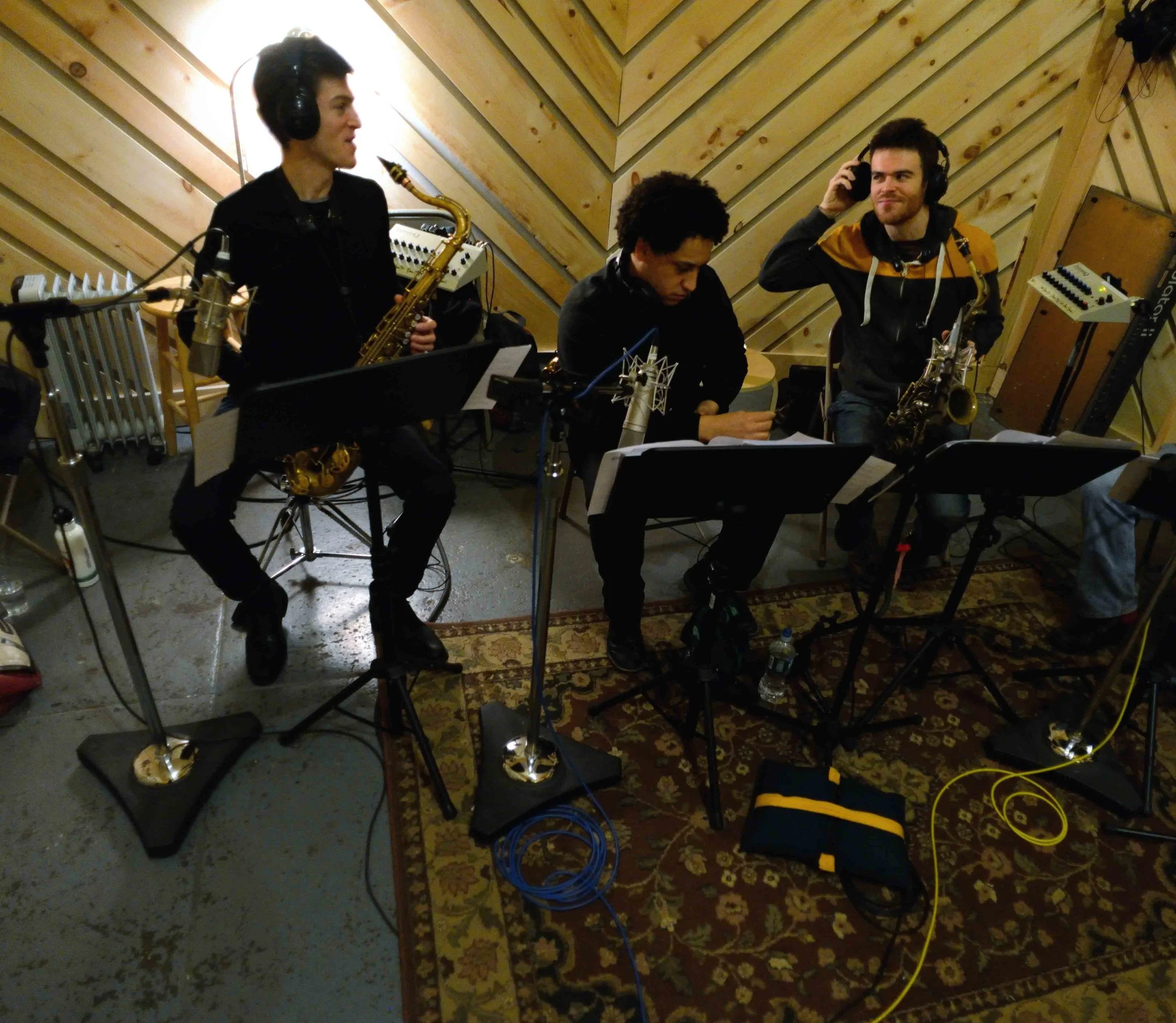  Sam Taylor, tenor saxophone, Omar Daniels, alto saxophone, Andrew Gould, alto saxophone. David White Jazz Orchestra. The Chase. Mister Shepherd Records (MSR-10615). Recording session at The Bunker Studio, Brooklyn, NY. 2014. Photo by Joe Josephs.   