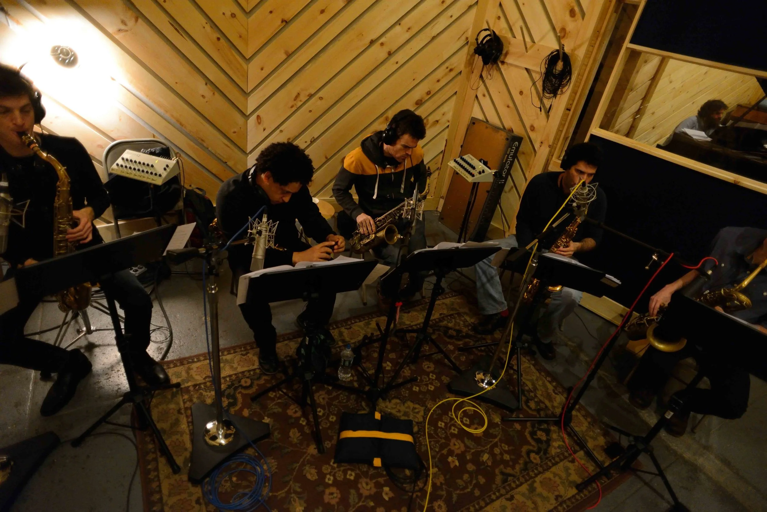  Sam Taylor, tenor saxophone, Omar Daniels, alto saxophone, Andrew Gould, alto saxophone, Sam Dillon, tenor saxophone, Tim Stocker, baritone saxophone. David White Jazz Orchestra. The Chase. Mister Shepherd Records (MSR-10615). Recording session at T