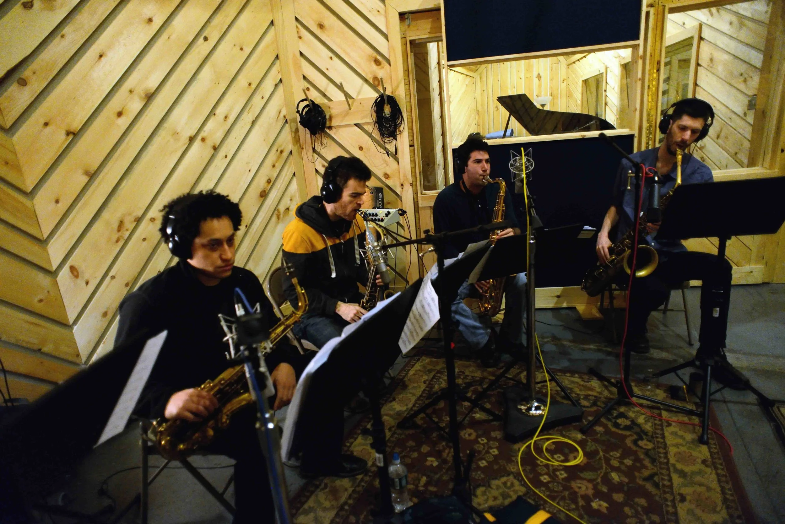  Omar Daniels, alto saxophone, Andrew Gould, alto saxophone, Sam Dillon, tenor saxophone, Tim Stocker, baritone saxophone. David White Jazz Orchestra. The Chase. Mister Shepherd Records (MSR-10615). Recording session at The Bunker Studio, Brooklyn, N