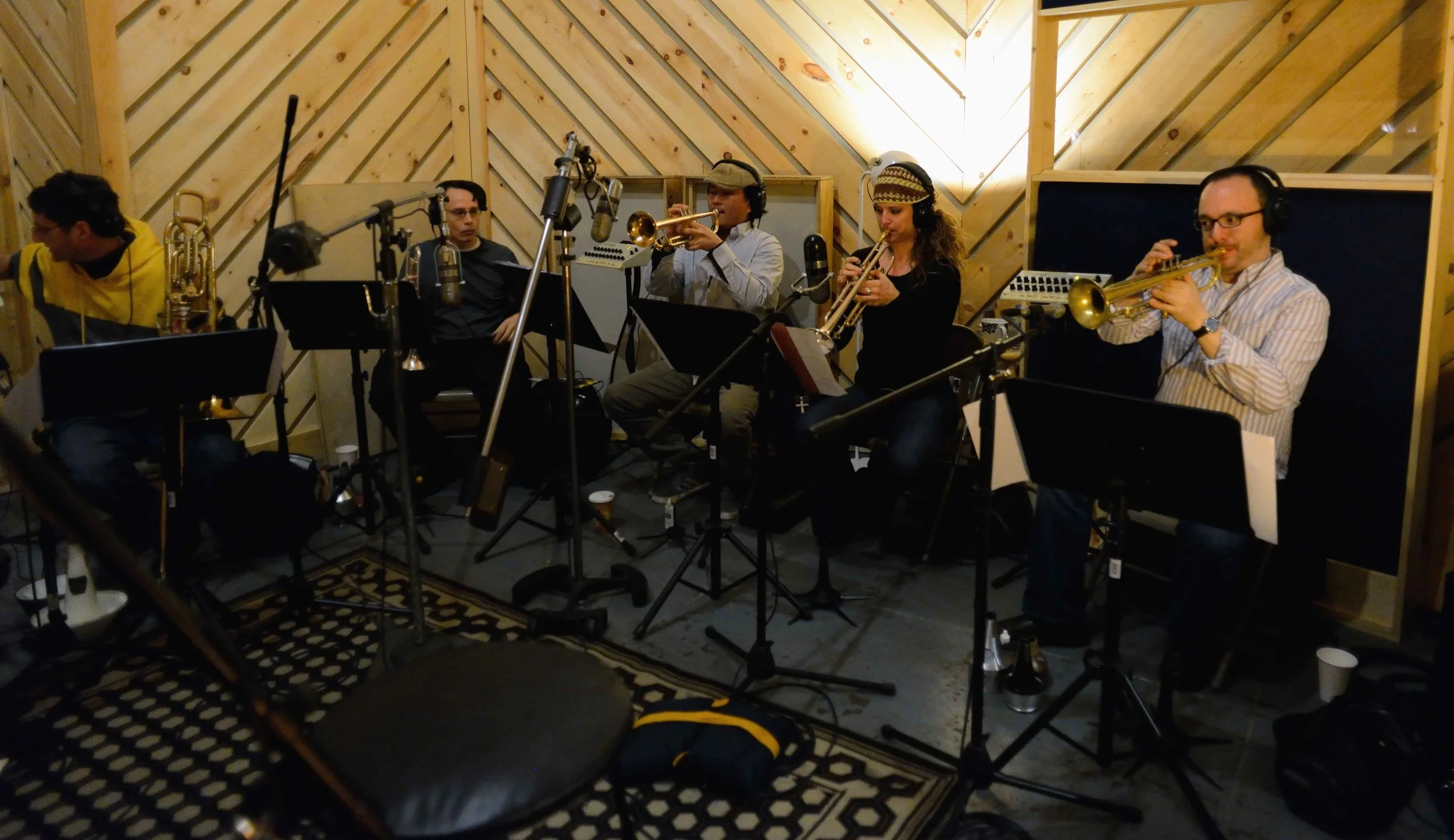  Robert Stattel, bass trombone, Colin Brigstocke, trumpet, Miki Hirose, trumpet, Alicia Rau, trumpet, Pablo Masis, trumpet. David White Jazz Orchestra. The Chase. Mister Shepherd Records (MSR-10615). Recording session at The Bunker Studio, Brooklyn, 