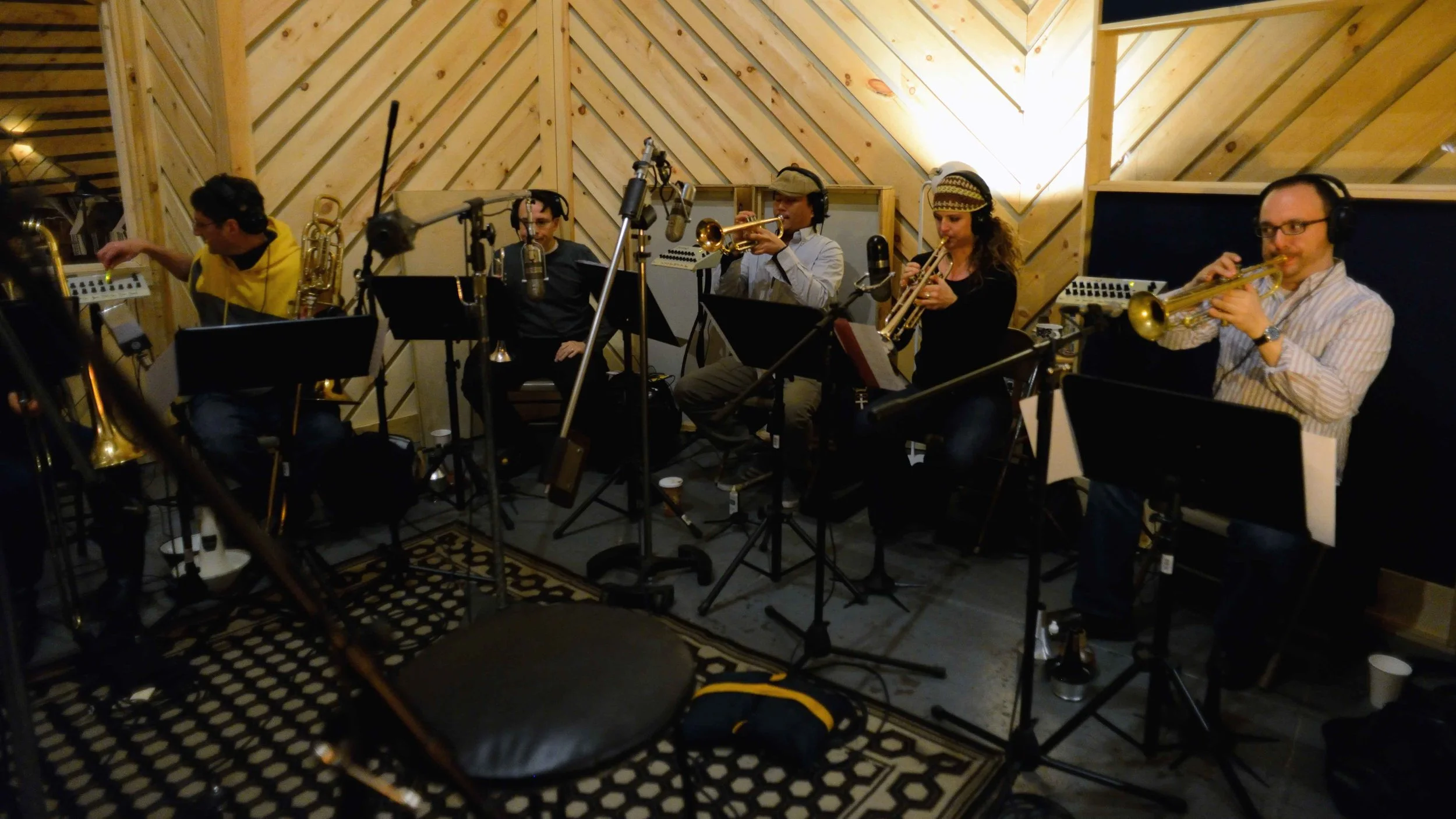 Robert Stattel, bass trombone, Colin Brigstocke, trumpet, Miki Hirose, trumpet, Alicia Rau, trumpet, Pablo Masis, trumpet. David White Jazz Orchestra. The Chase. Mister Shepherd Records (MSR-10615). Recording session at The Bunker Studio, Brooklyn, 