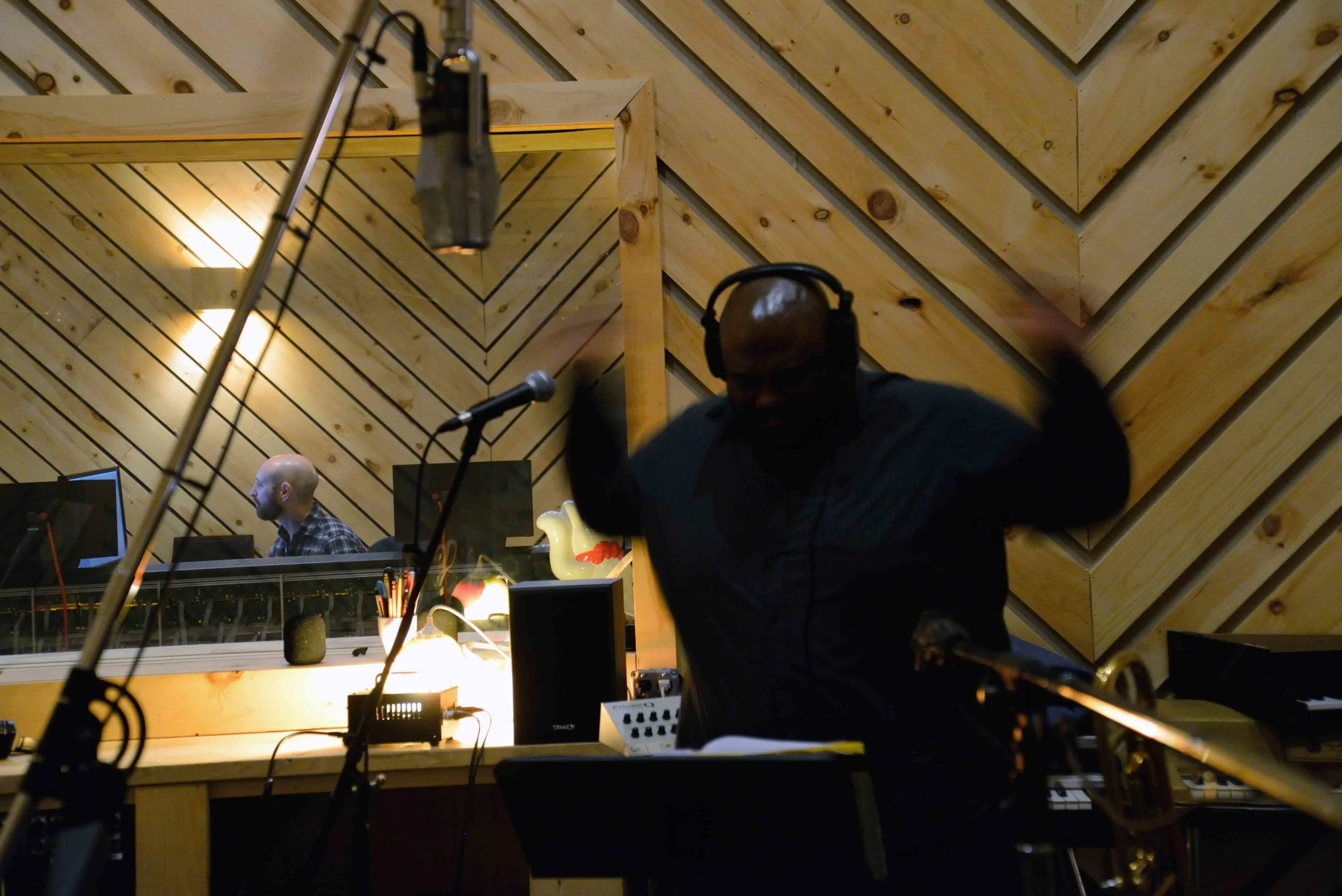  David White, Music Director. Aaron Nevezie, recording engineer. David White Jazz Orchestra. The Chase. Mister Shepherd Records (MSR-10615). Recording session at The Bunker Studio, Brooklyn, NY. 2014. Photo by Joe Josephs.   