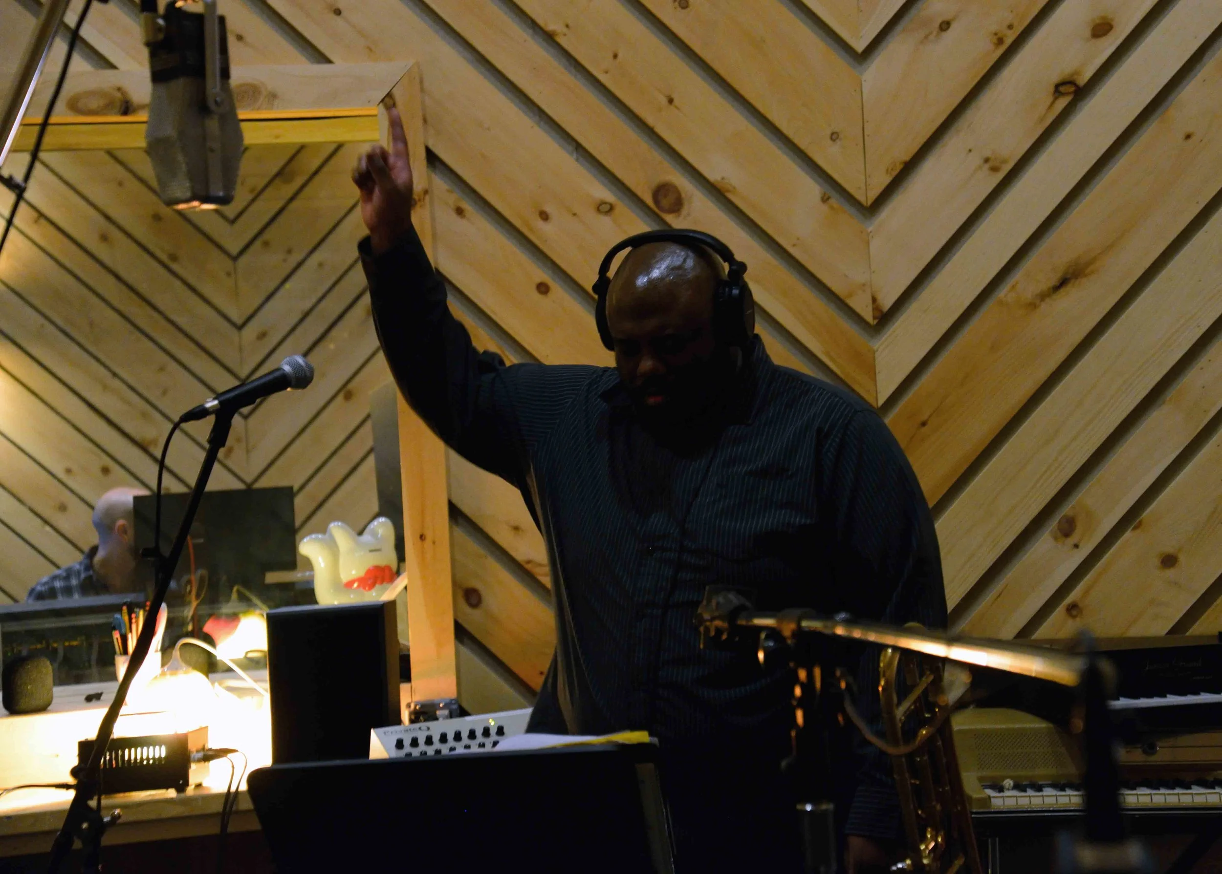  David White, Music Director. Aaron Nevezie, recording engineer. David White Jazz Orchestra. The Chase. Mister Shepherd Records (MSR-10615). Recording session at The Bunker Studio, Brooklyn, NY. 2014. Photo by Joe Josephs.   