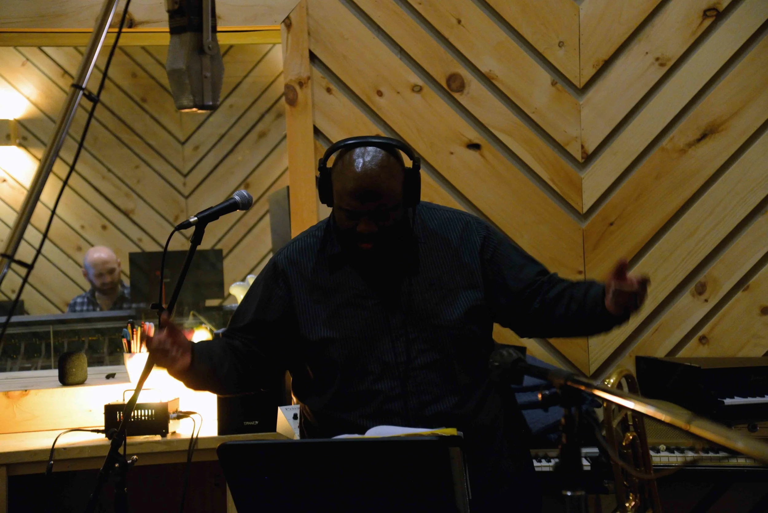  David White, Music Director. Aaron Nevezie, recording engineer. David White Jazz Orchestra. The Chase. Mister Shepherd Records (MSR-10615). Recording session at The Bunker Studio, Brooklyn, NY. 2014. Photo by Joe Josephs.   