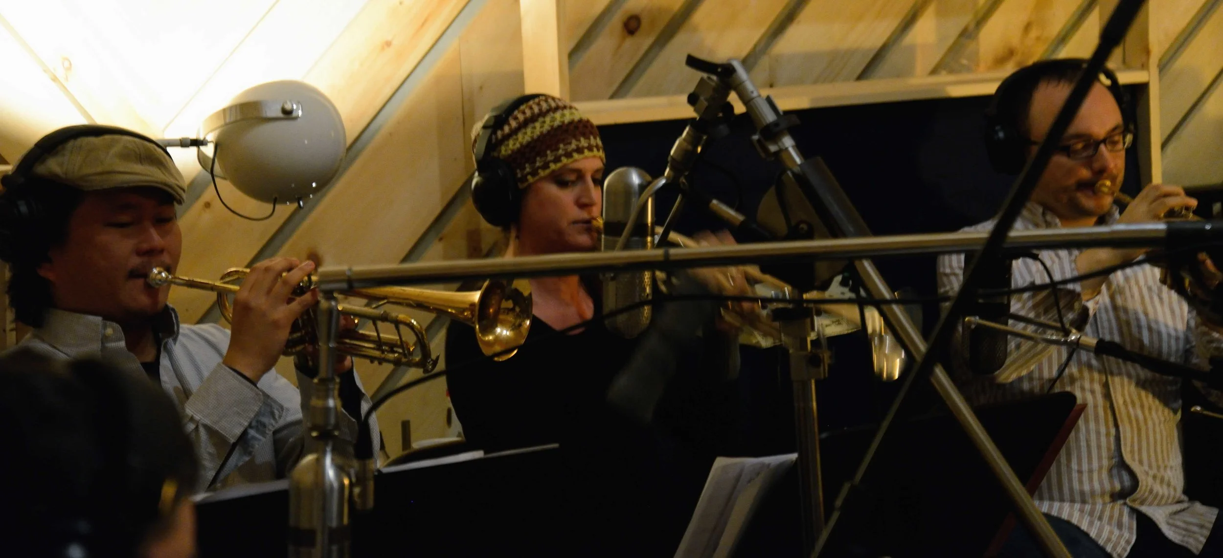  Miki Hirose, trumpet, Alicia Rau, trumpet, Pablo Masis, trumpet. David White Jazz Orchestra. The Chase. Mister Shepherd Records (MSR-10615). Recording session at The Bunker Studio, Brooklyn, NY. 2014. Photo by Joe Josephs.   