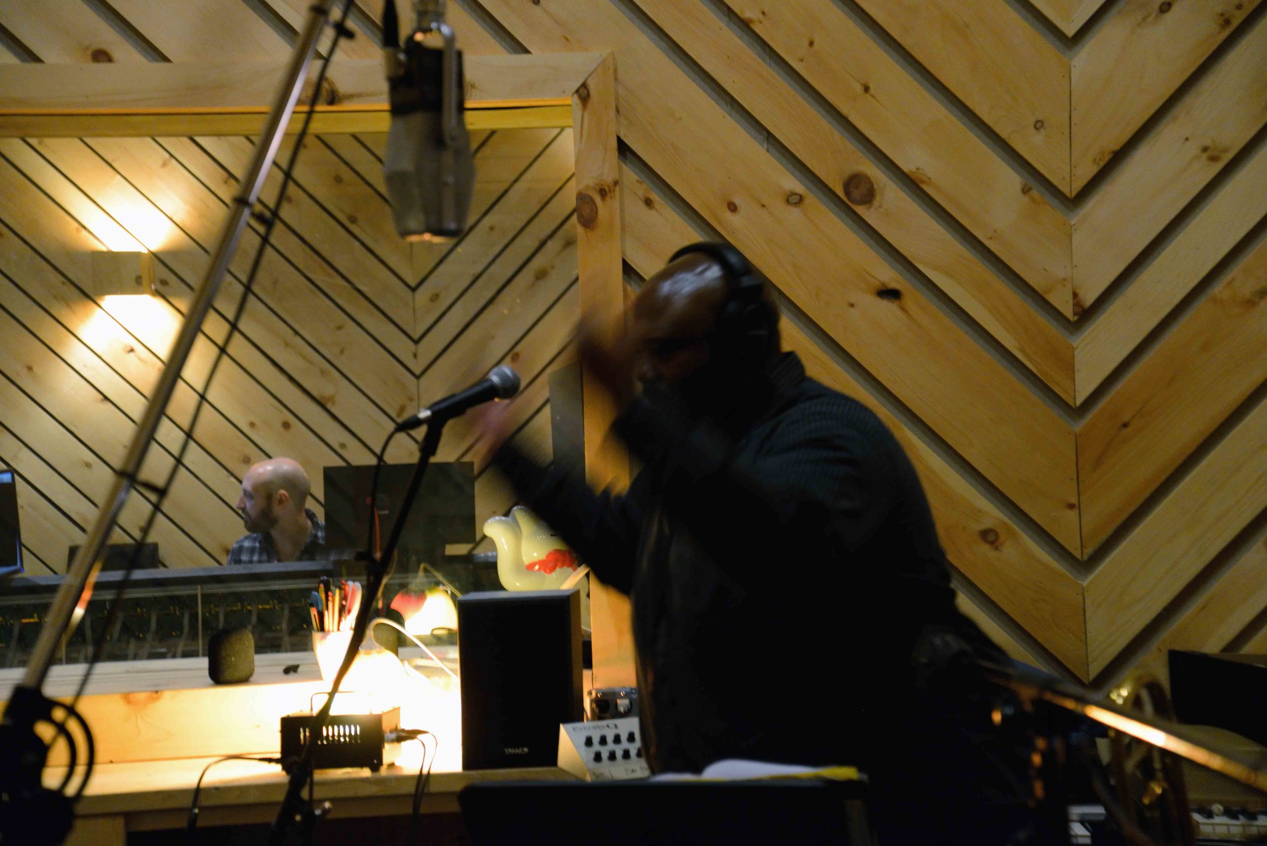  David White, Music Director. Aaron Nevezie, recording engineer. David White Jazz Orchestra. The Chase. Mister Shepherd Records (MSR-10615). Recording session at The Bunker Studio, Brooklyn, NY. 2014. Photo by Joe Josephs.   