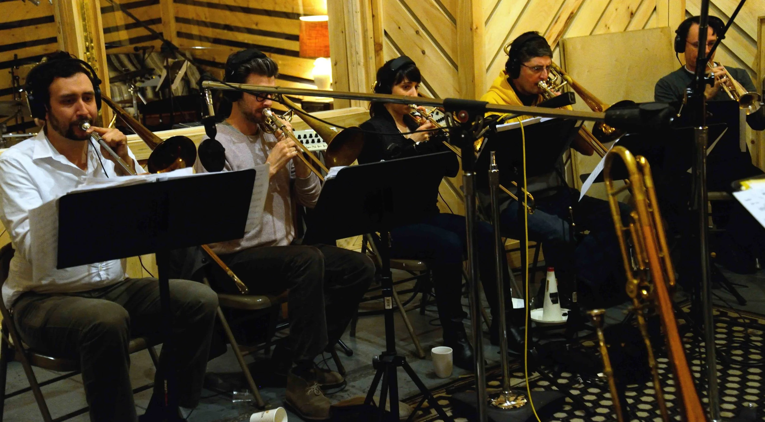  Dan Reitz, trombone, Rick Parker, trombone, Alaina Alster, trombone, Robert Stattel, bass trombone. David White Jazz Orchestra. The Chase. Mister Shepherd Records (MSR-10615). Recording session at The Bunker Studio, Brooklyn, NY. 2014. Photo by Joe 