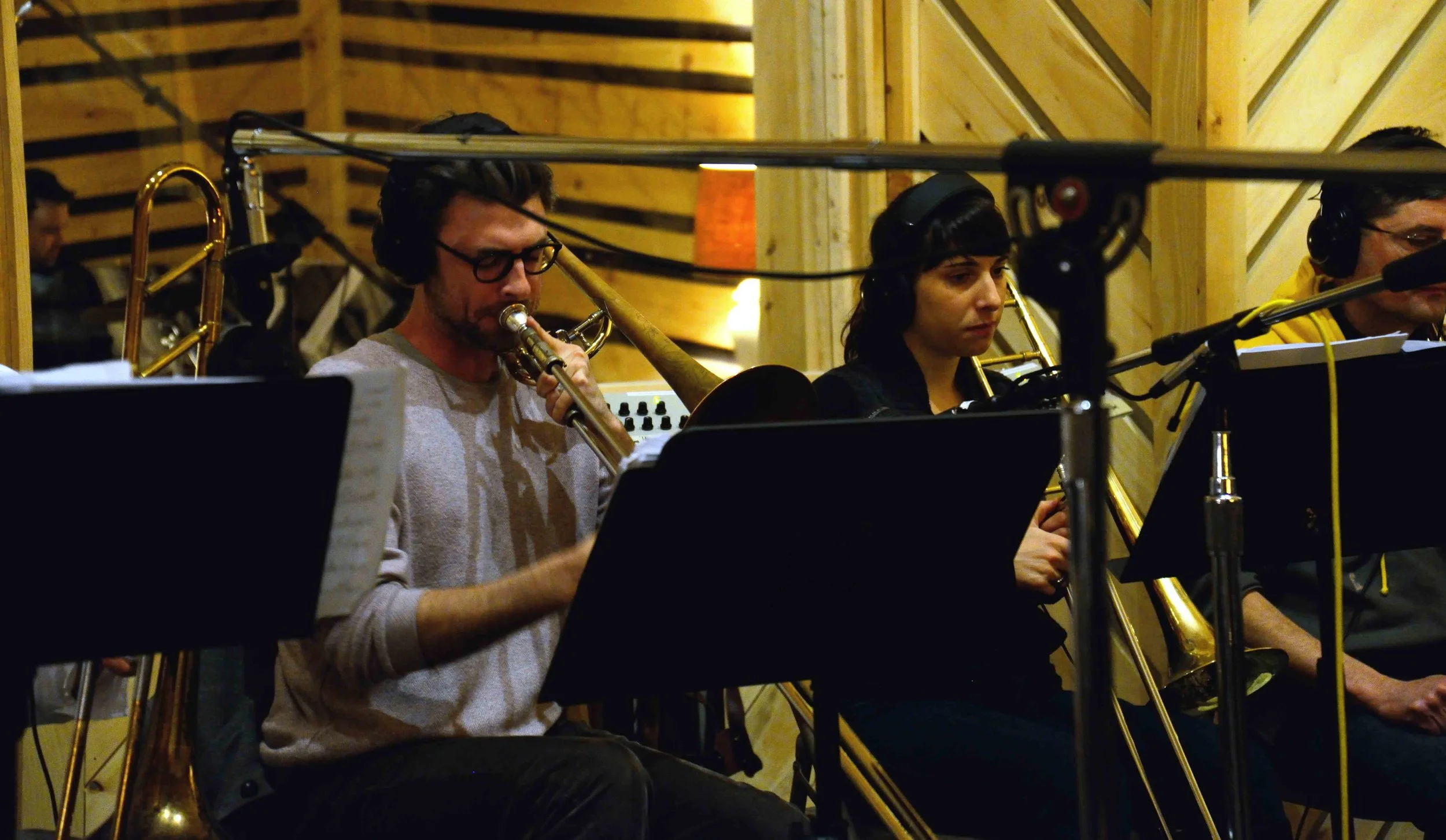  Rick Parker, trombone, Alaina Alster, trombone. David White Jazz Orchestra. The Chase. Mister Shepherd Records (MSR-10615). Recording session at The Bunker Studio, Brooklyn, NY. 2014. Photo by Joe Josephs.   
