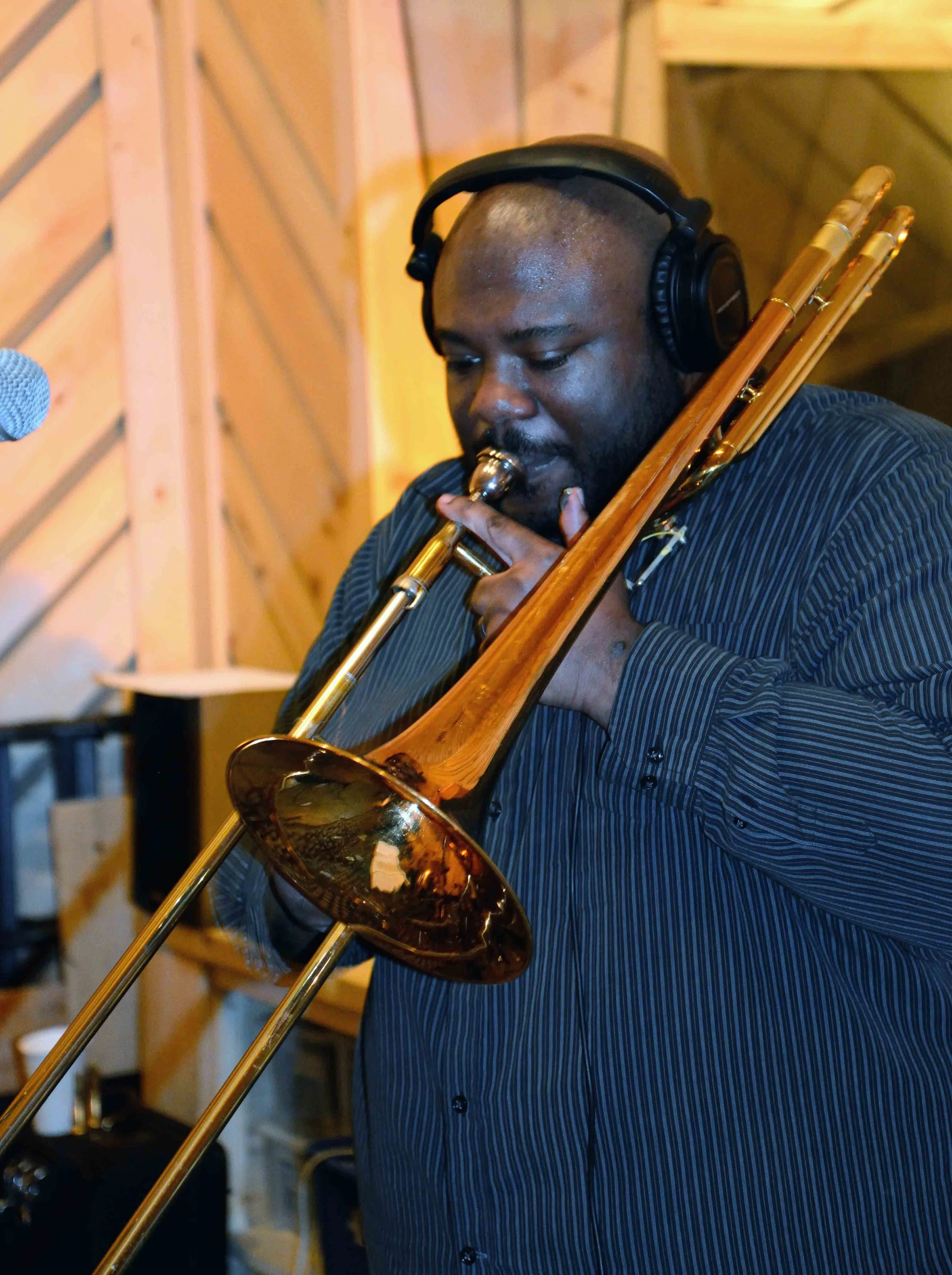  David White, trombone. David White Jazz Orchestra. The Chase. Mister Shepherd Records (MSR-10615). Recording session at The Bunker Studio, Brooklyn, NY. 2014. Photo by Joe Josephs.   